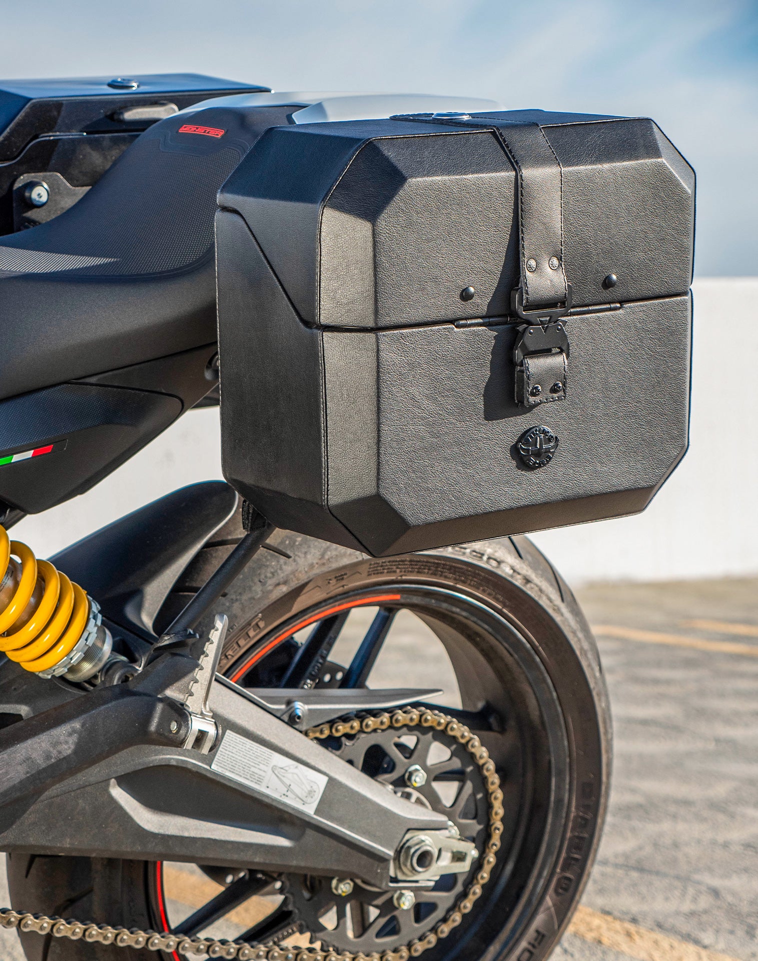 20L - Outlaw Quick-Mount Small Ducati Monster 797 Leather Wrapped Hard Saddlebags Life Style 2