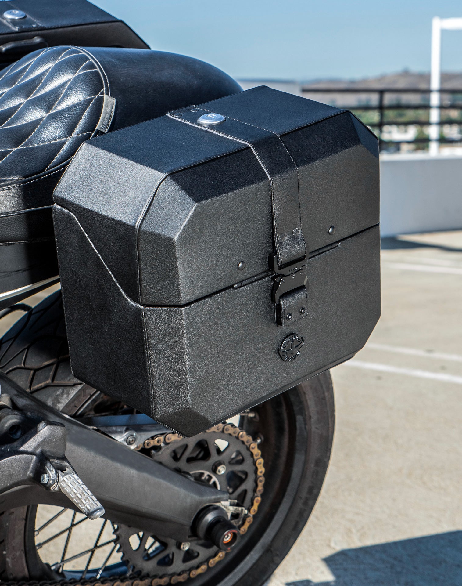 20L - Outlaw Quick-Mount Small Ducati Scrambler (2014-17) Leather Wrapped Hard Saddlebags Life Style 2
