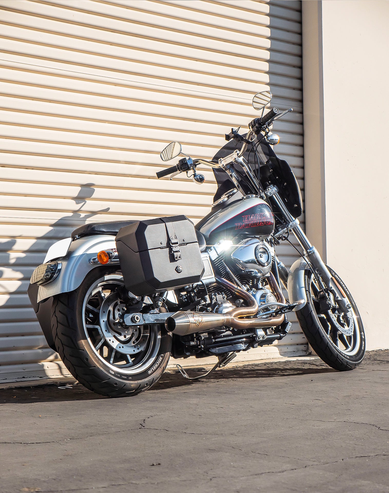 20L - Outlaw Quick-Mount Small Harley Dyna Low Rider FXDL Leather Wrapped Hard Saddlebags Life style 1