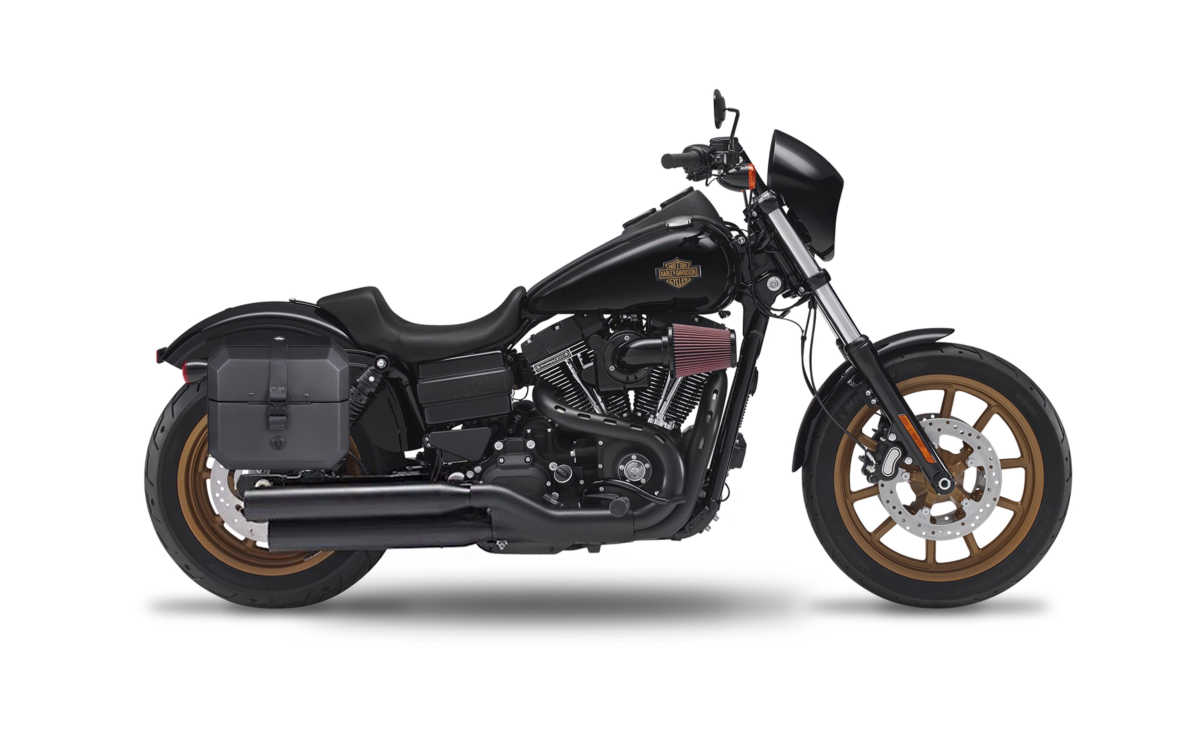 20L - Outlaw Quick-Mount Small Harley Dyna Low Rider S FXDLS Leather Wrapped Hard Saddlebags Bag on Bike @expand