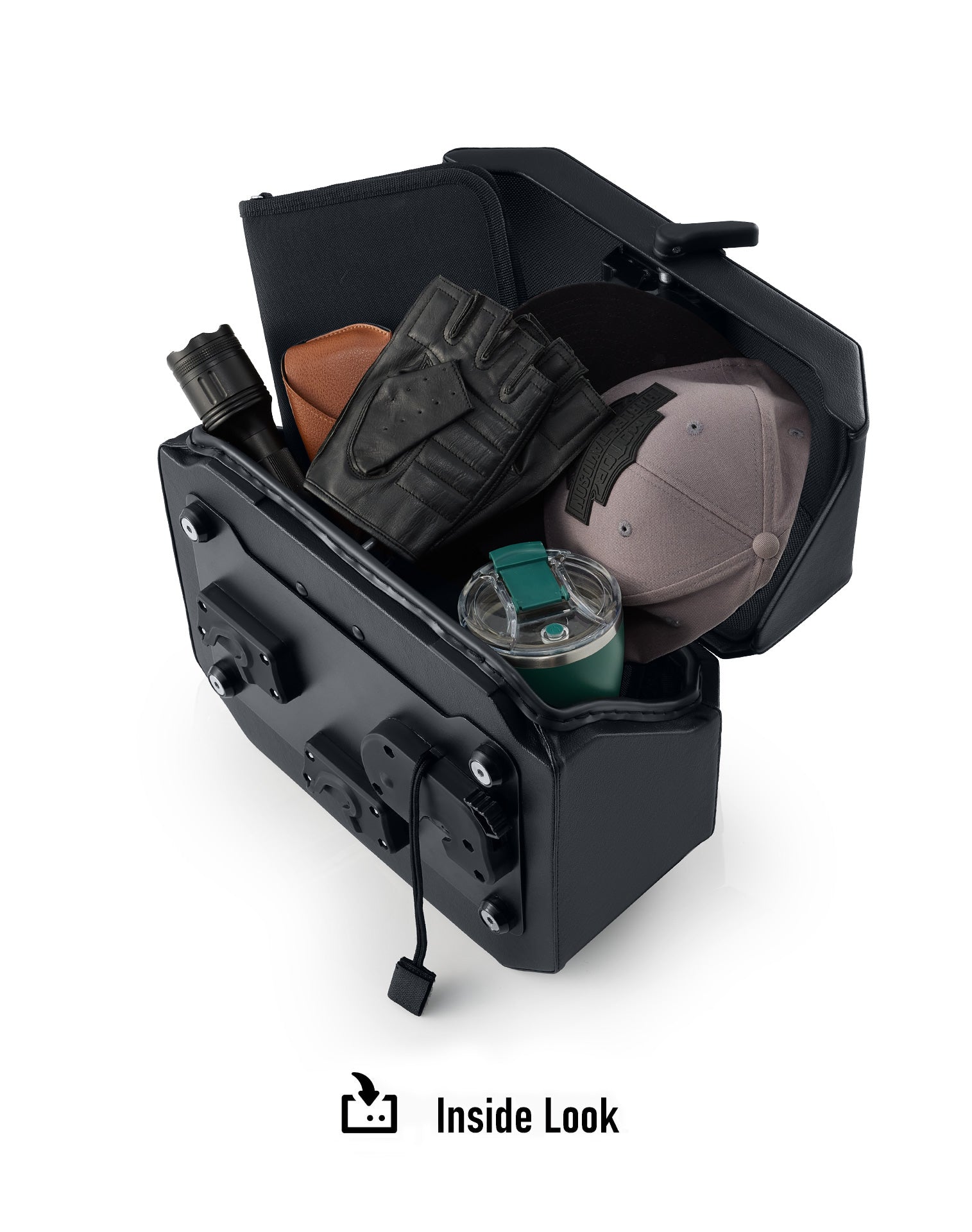 20L - Outlaw Quick-Mount Small Harley Dyna Super Glide FXD Leather Wrapped Hard Saddlebags Inside Look