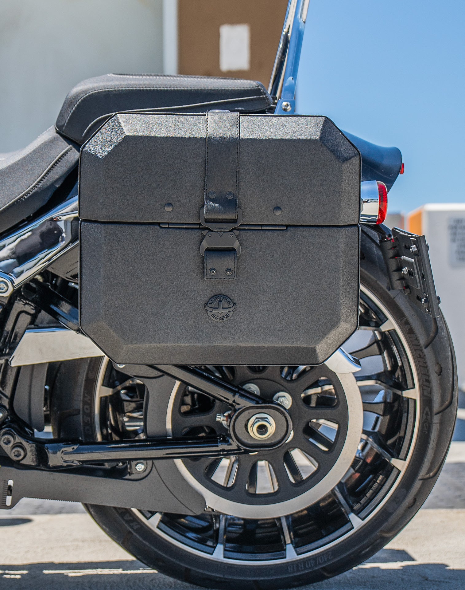 20L - Outlaw Quick-Mount Small Harley Softail Breakout FXBR/S Leather Wrapped Hard Saddlebags Lifestyle