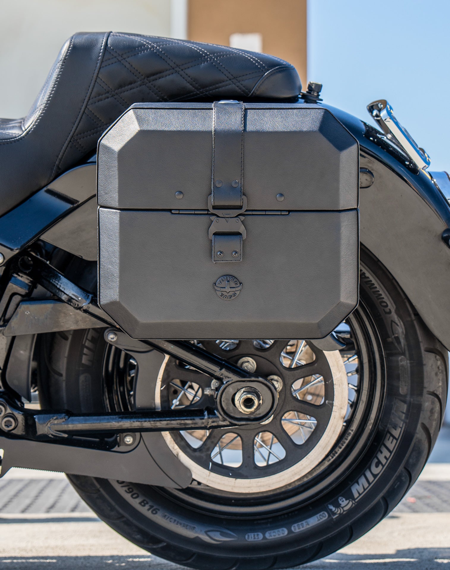 20L - Outlaw Quick-Mount Small Harley Softail Heritage FLHC/S Leather Wrapped Hard Saddlebags Lifestyle