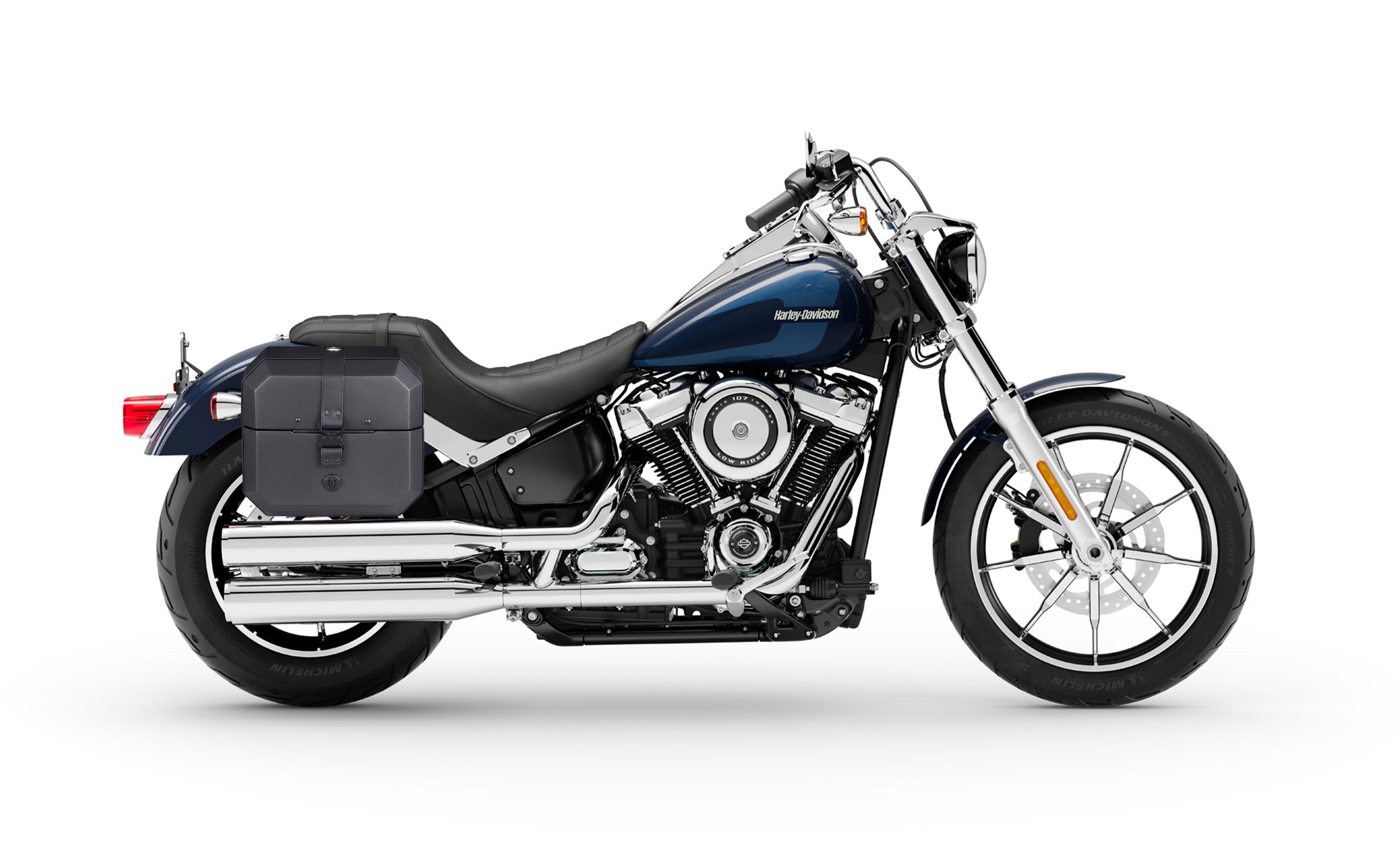 20L - Outlaw Quick-Mount Small Harley Softail Low Rider FXLR Leather Wrapped Hard Saddlebags Bag on Bike @expand