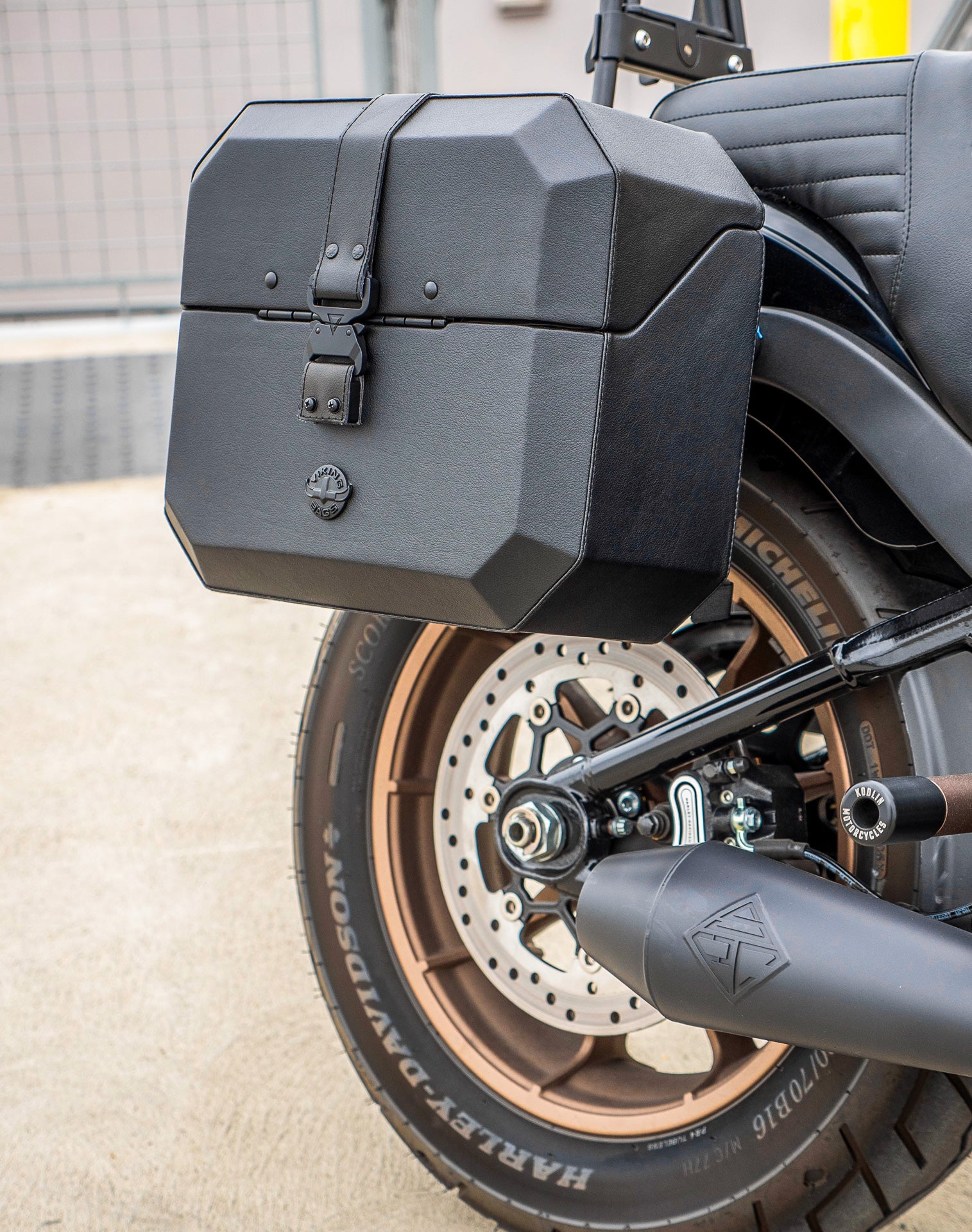 20L - Outlaw Quick-Mount Small Harley Softail Low Rider S FXLRS Leather Wrapped Hard Saddlebags Life style 3