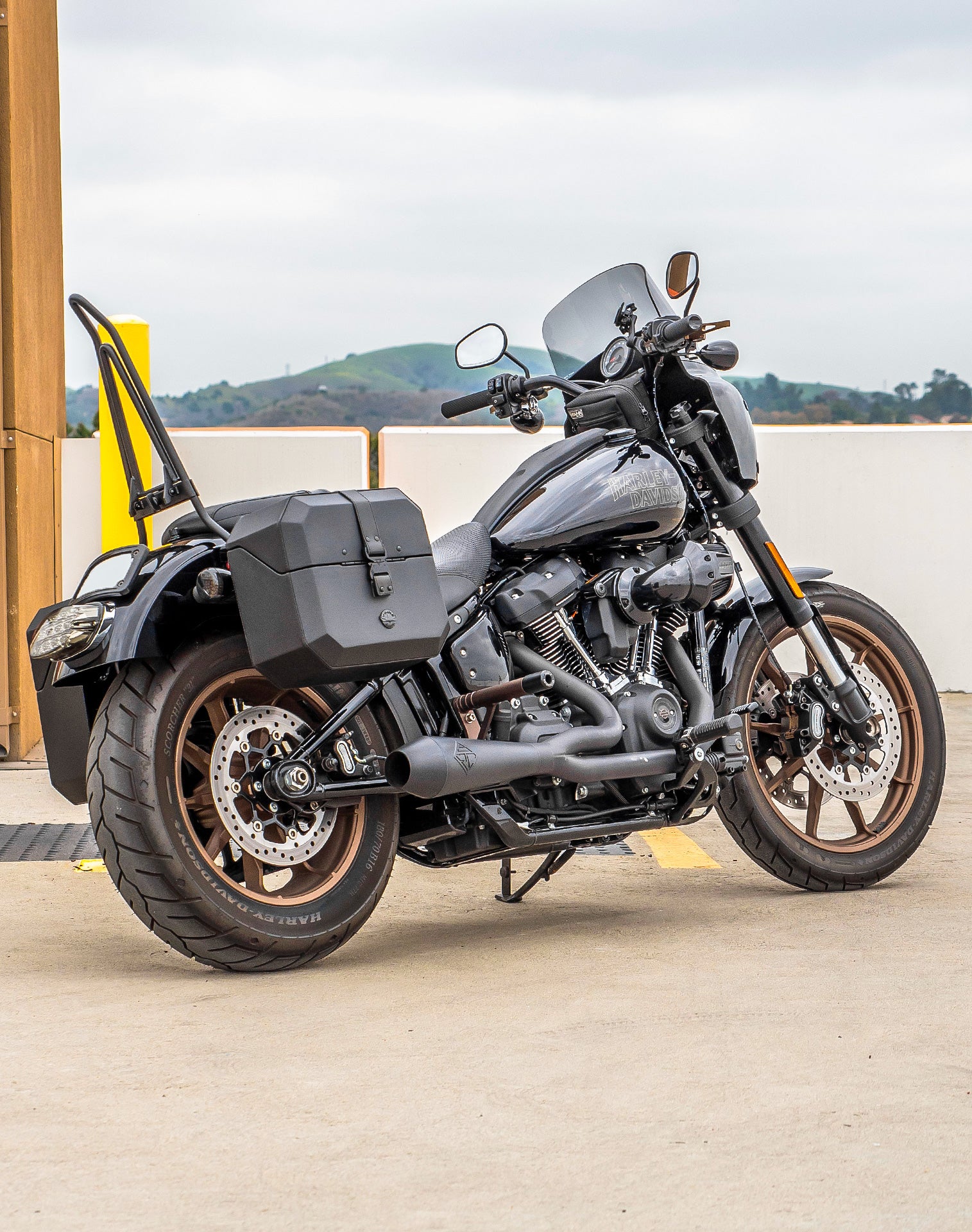 20L - Outlaw Quick-Mount Small Harley Softail Low Rider S FXLRS Leather Wrapped Hard Saddlebags Life style 1