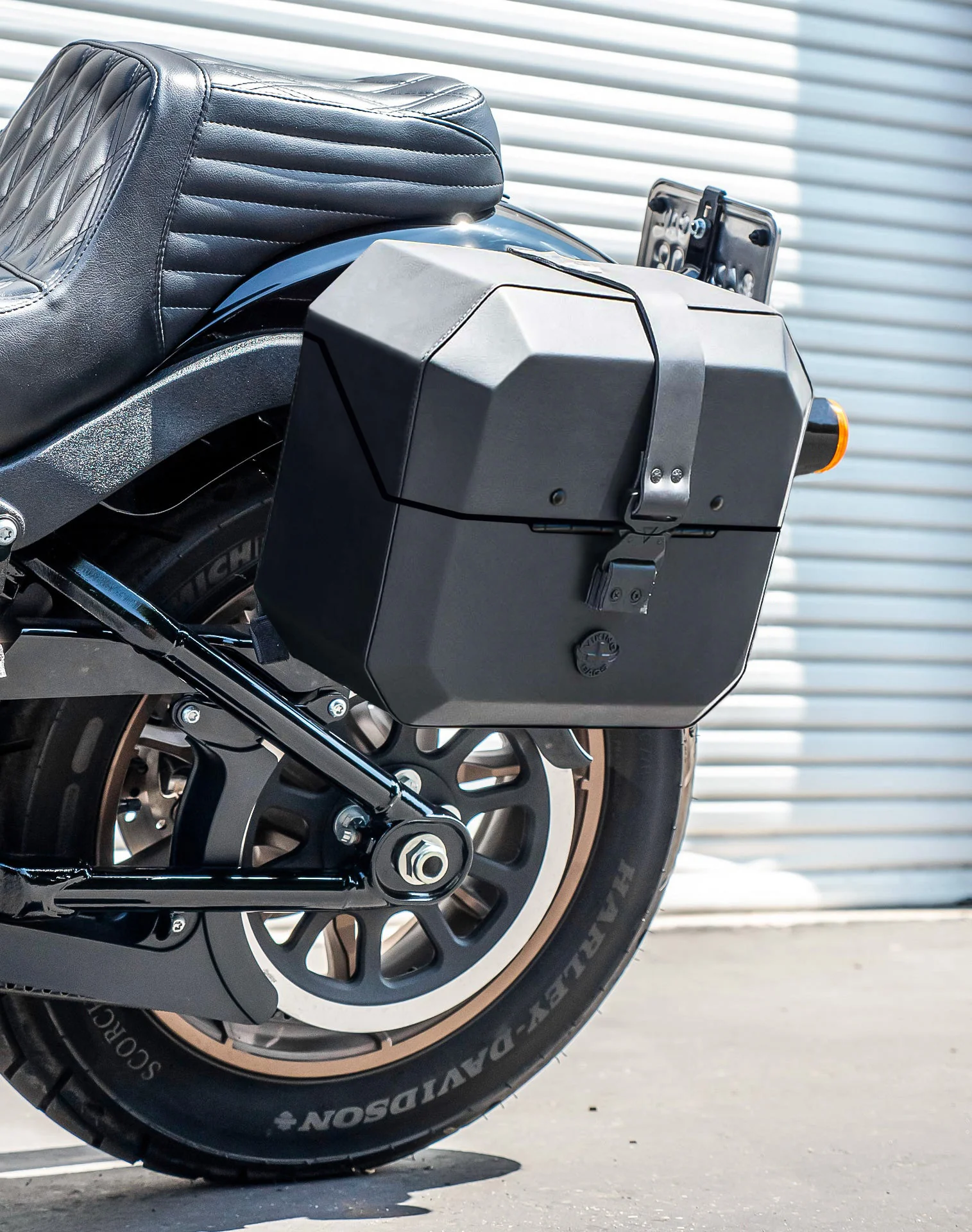 20L - Outlaw Quick-Mount Small Harley Softail Low Rider ST Leather Wrapped Hard Saddlebags Life Style 2