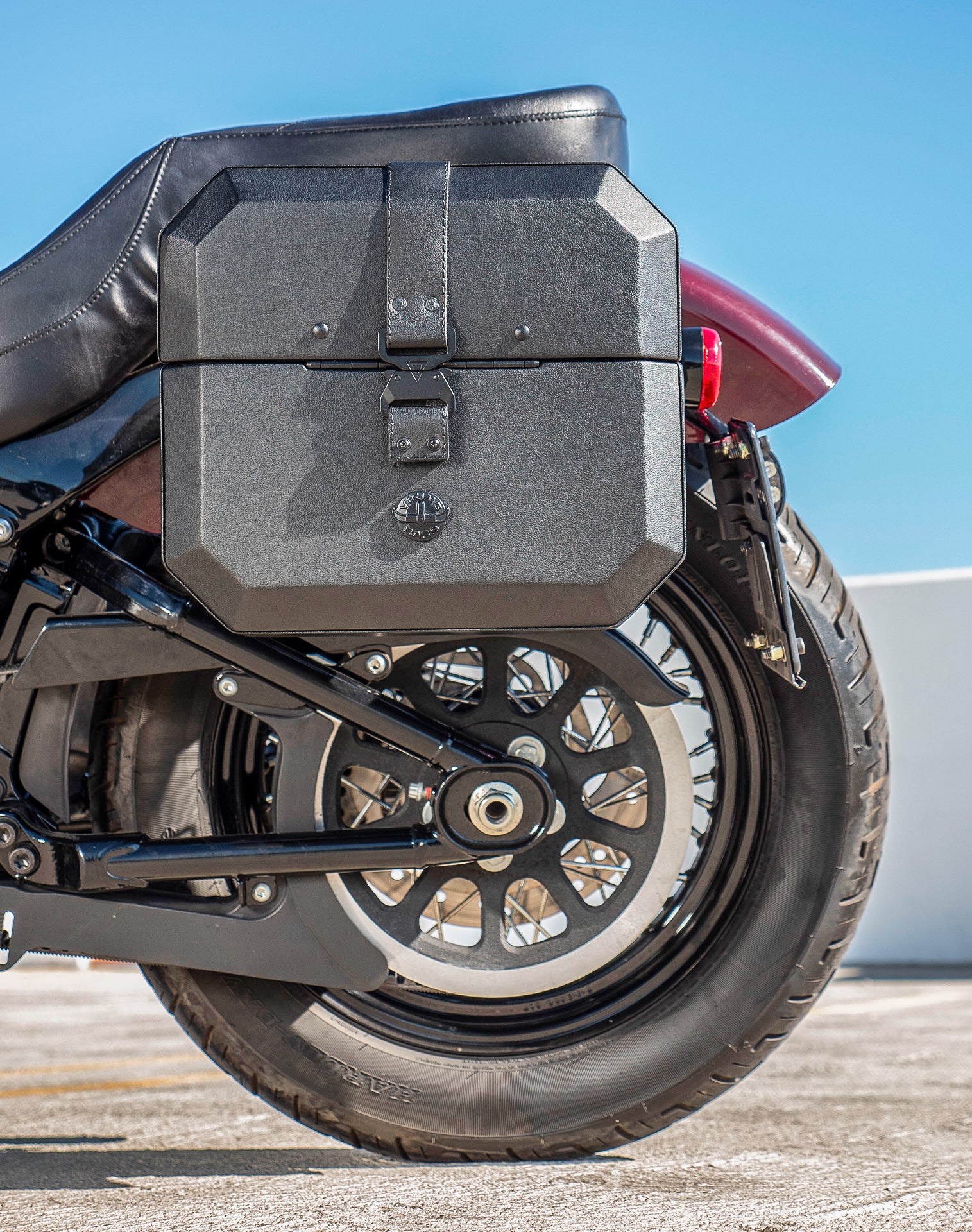 20L - Outlaw Quick-Mount Small Harley Softail Slim FLSL Leather Wrapped Hard Saddlebags Life Style 2