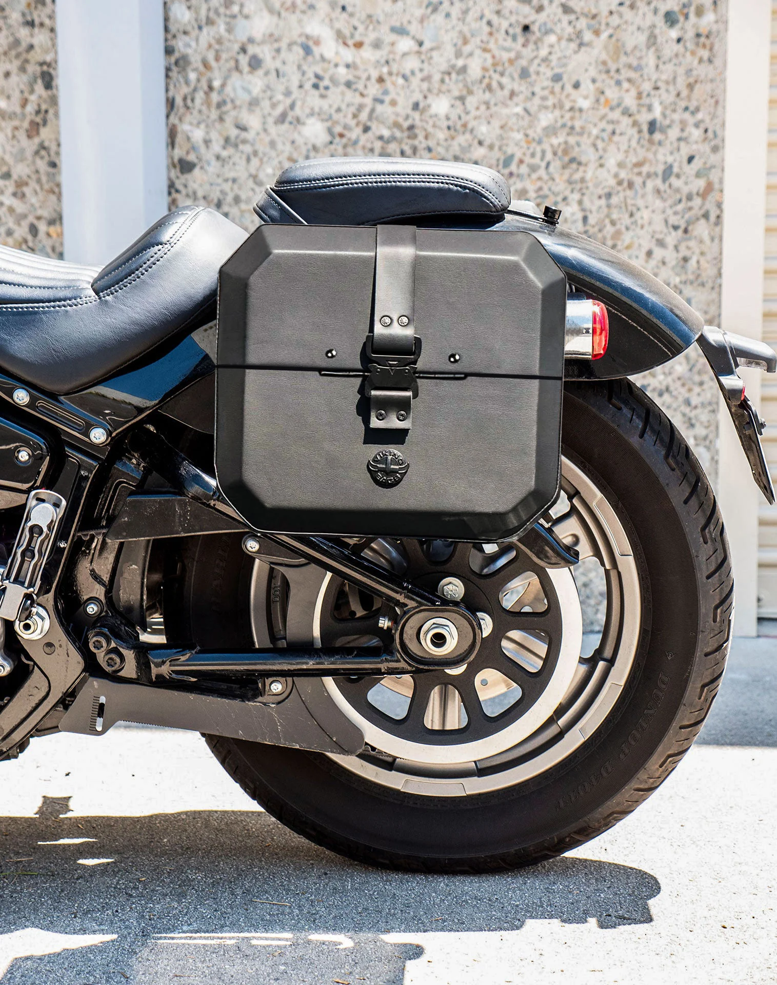 20L - Outlaw Quick-Mount Small Harley Softail Standard FXST Leather Wrapped Hard Saddlebags Life Style 2