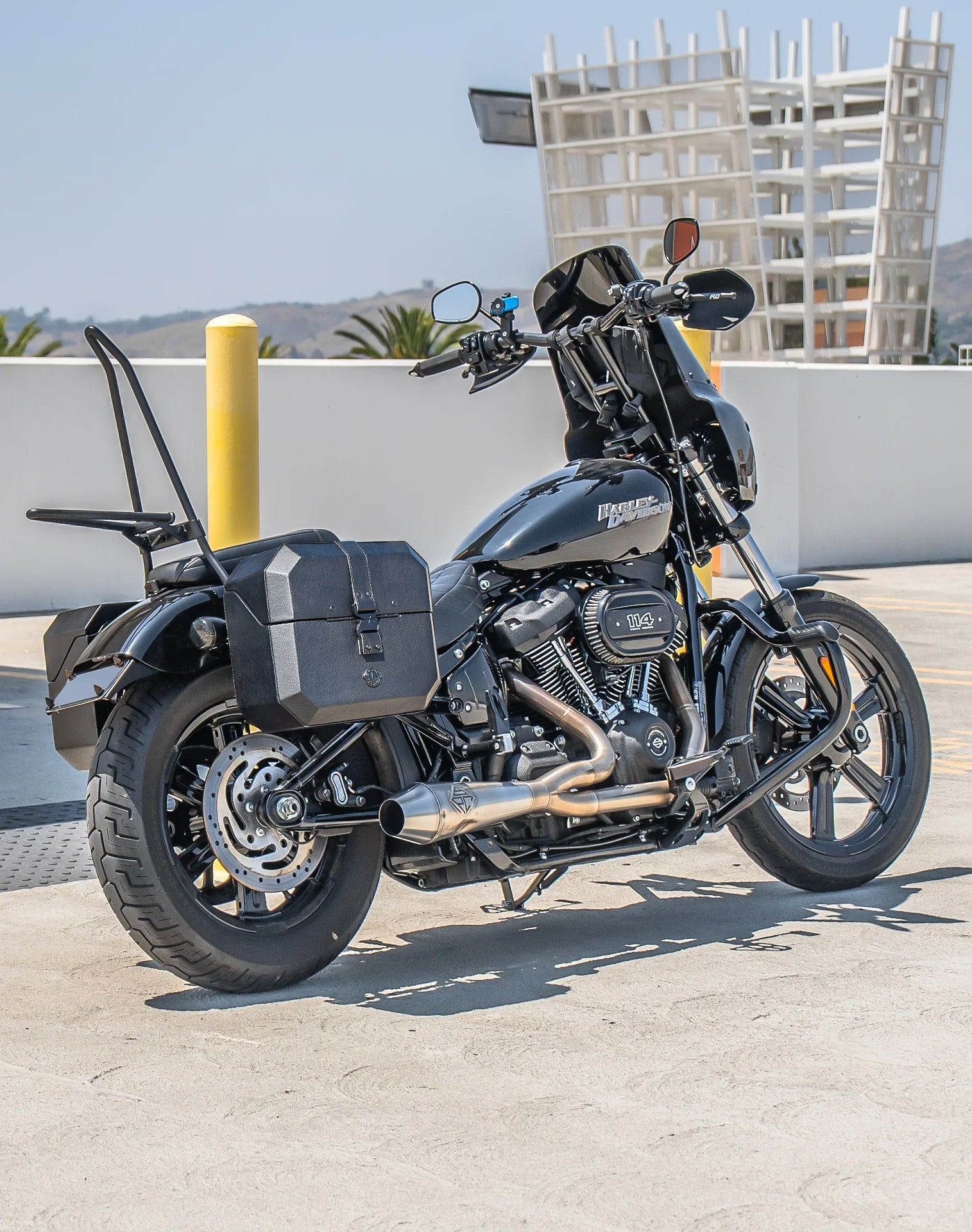 20L - Outlaw Quick-Mount Small Harley Softail Street Bob Leather Wrapped Hard Saddlebags Lifestyle Image