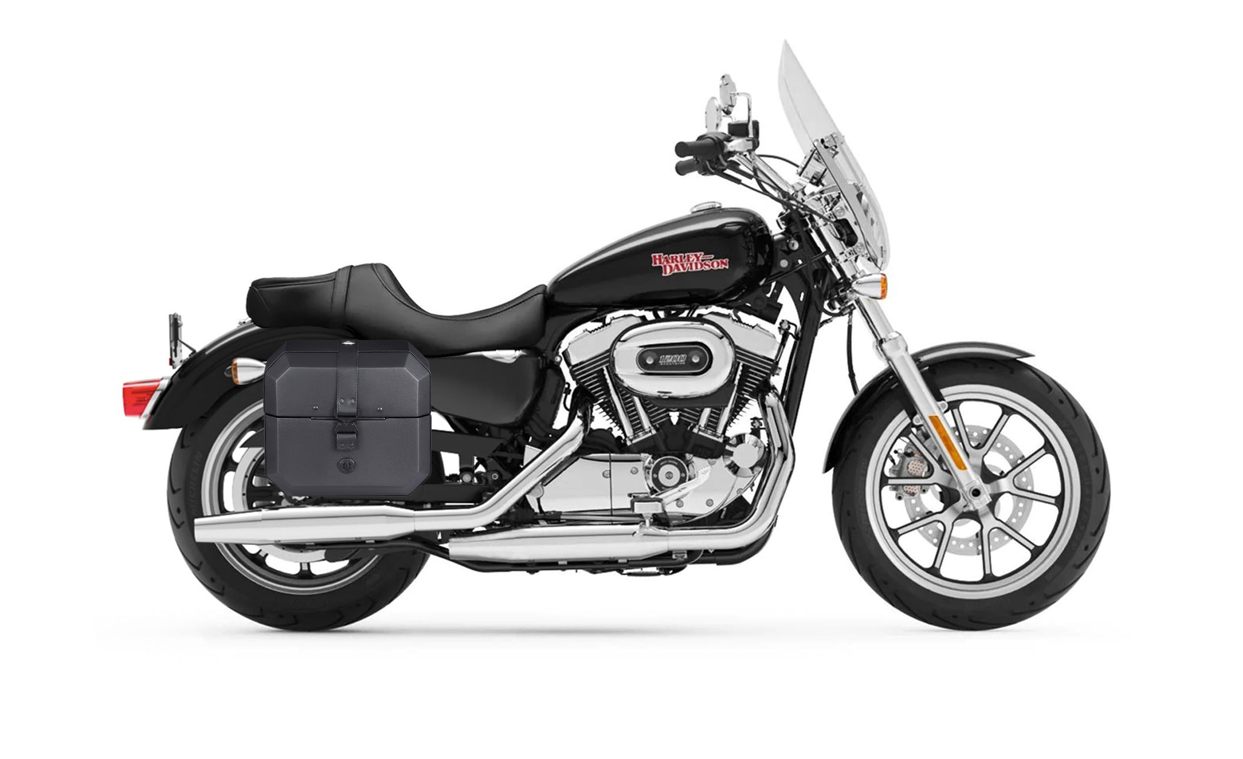 20L - Outlaw Quick-Mount Small Harley Sportster Super Low XL1200T Leather Wrapped Hard Saddlebags Bag on Bike @expand