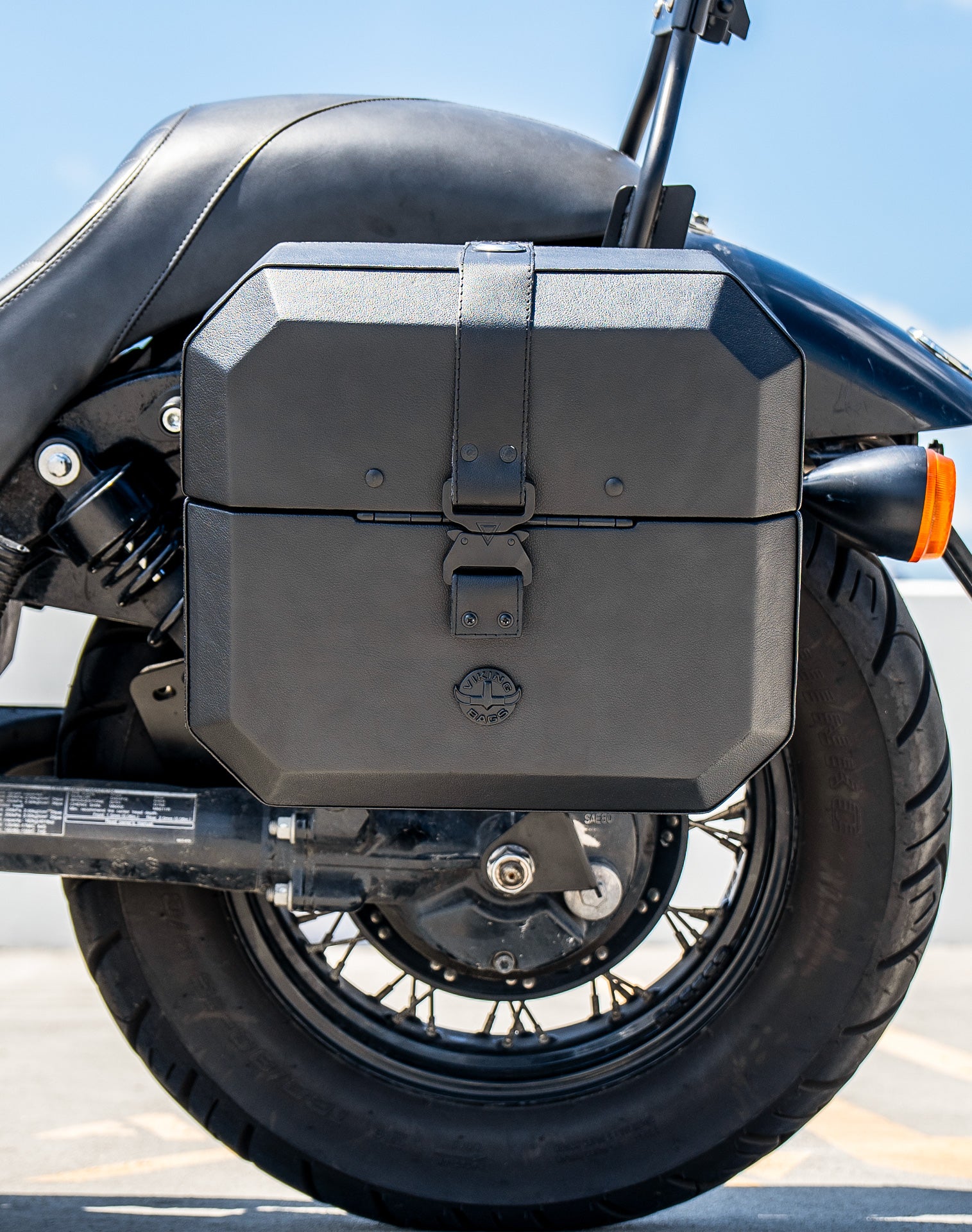 20L - Outlaw Quick-Mount Small Honda 750 Shadow Phantom Leather Wrapped Hard Saddlebags Life Style 2