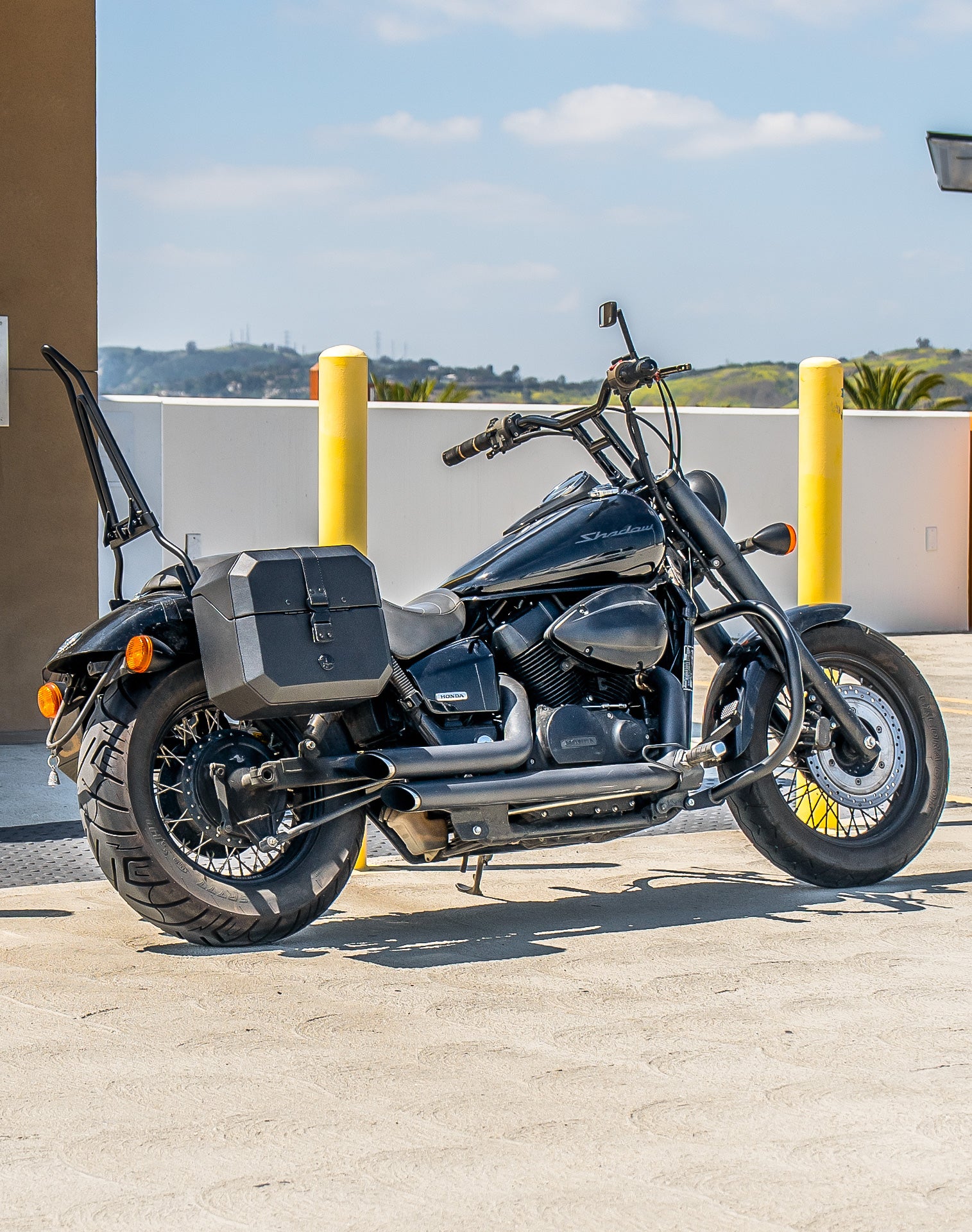 20L - Outlaw Quick-Mount Small Honda 750 Shadow Phantom Leather Wrapped Hard Saddlebags Life Style 1