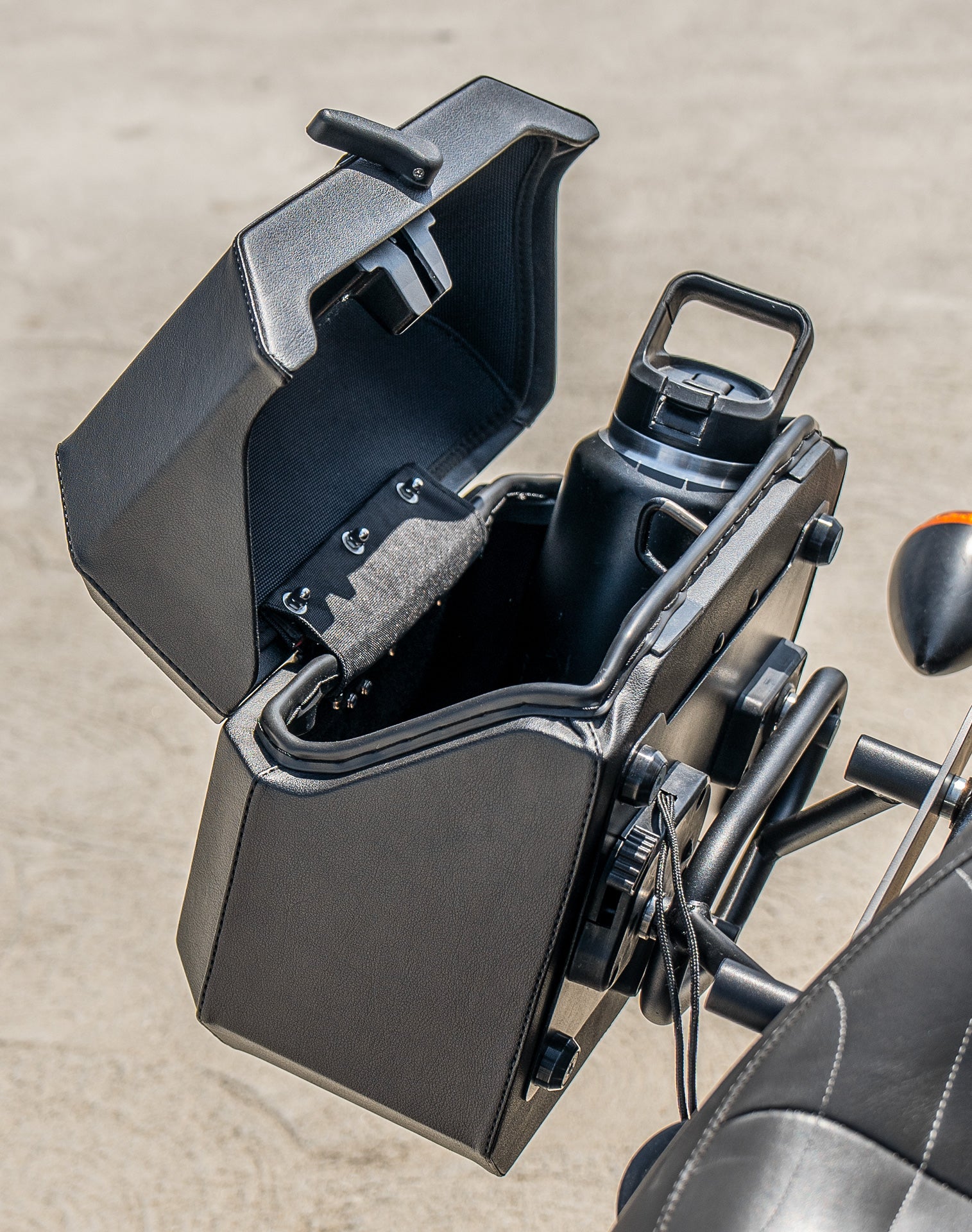 20L - Outlaw Quick-Mount Small Honda 750 Shadow Phantom Leather Wrapped Hard Saddlebags Life Style 4