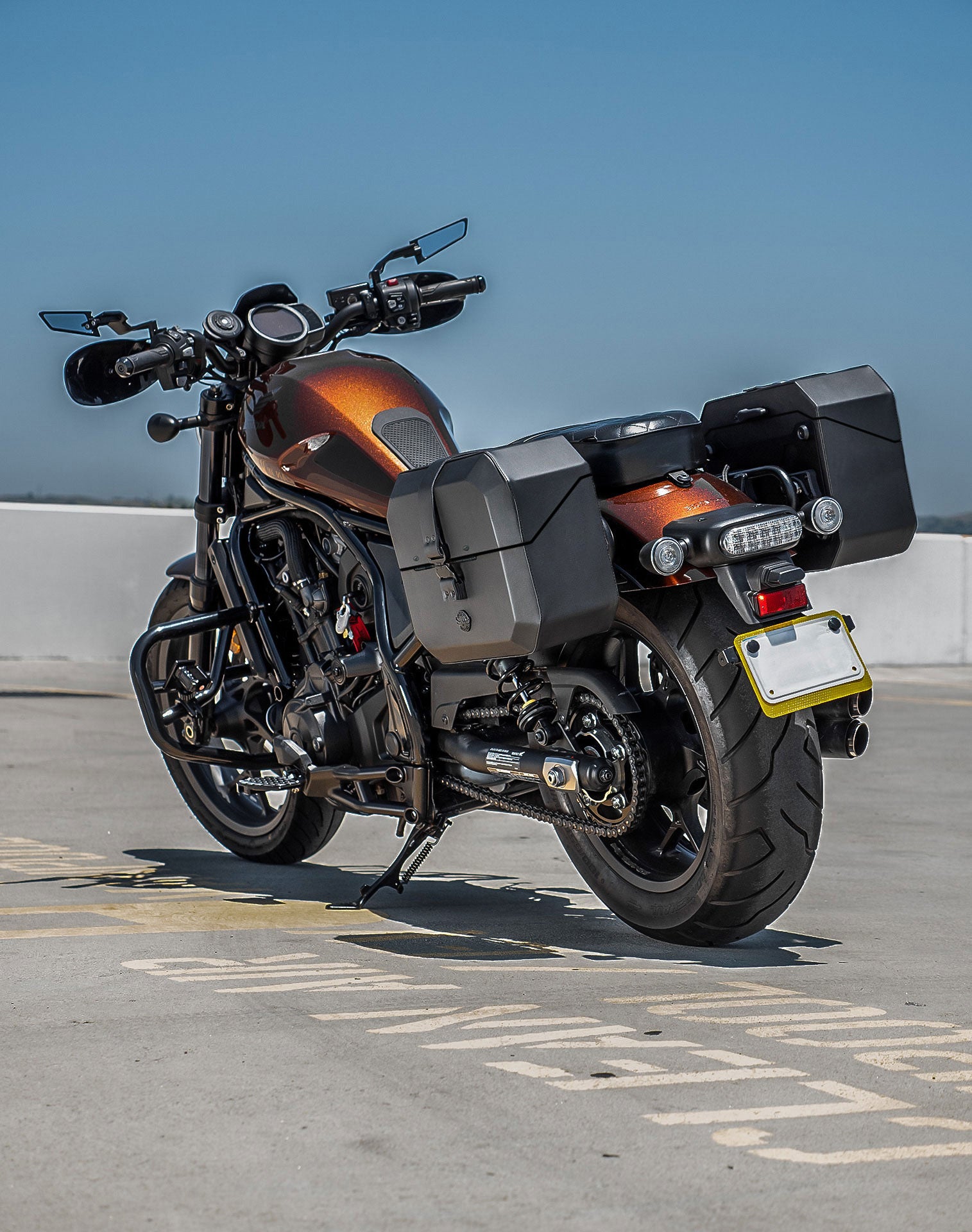 20L - Outlaw Quick-Mount Small Honda Rebel 1100 Leather Wrapped Hard Saddlebags Life Style 1