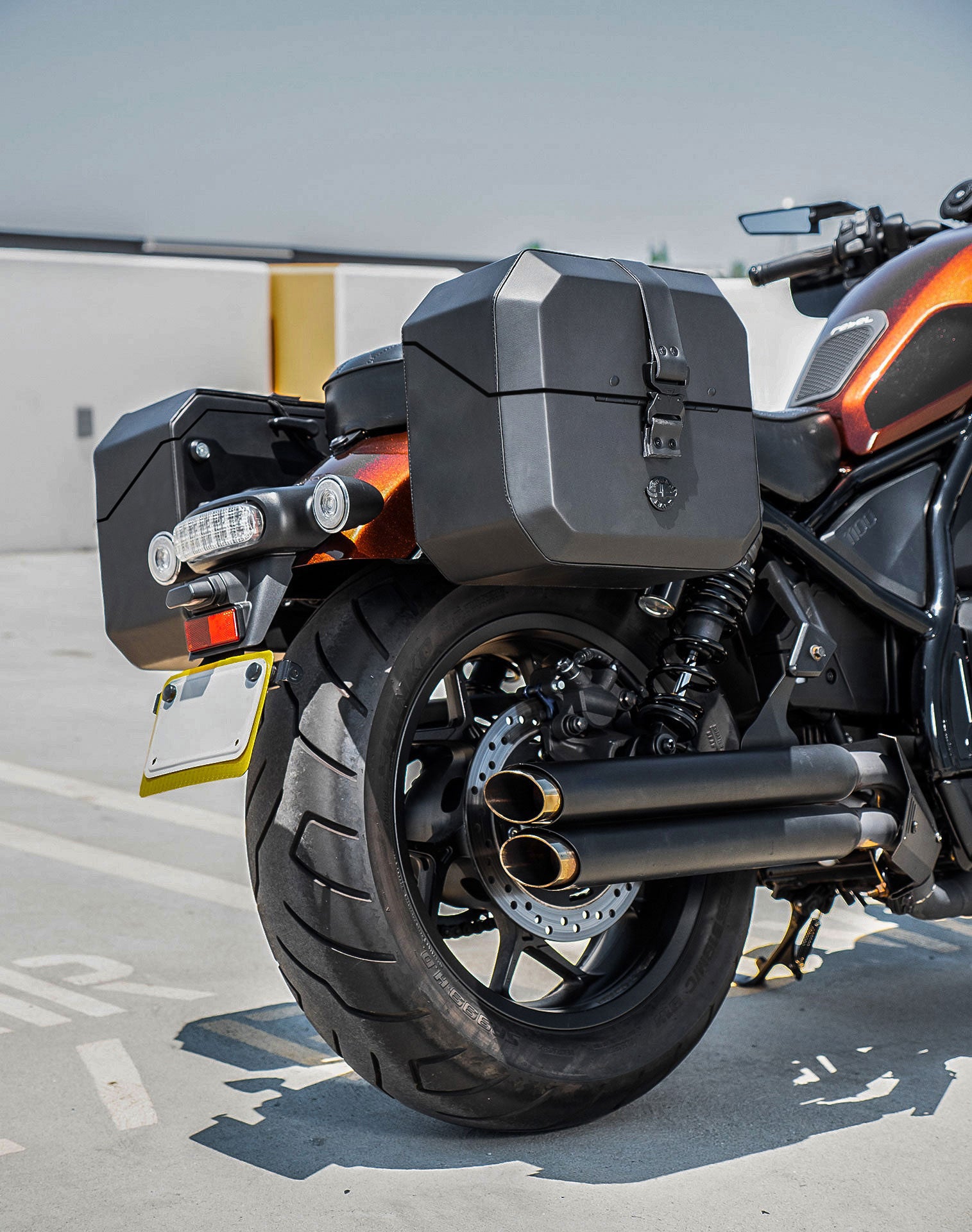 20L - Outlaw Quick-Mount Small Honda Rebel 1100 Leather Wrapped Hard Saddlebags Life Style 3