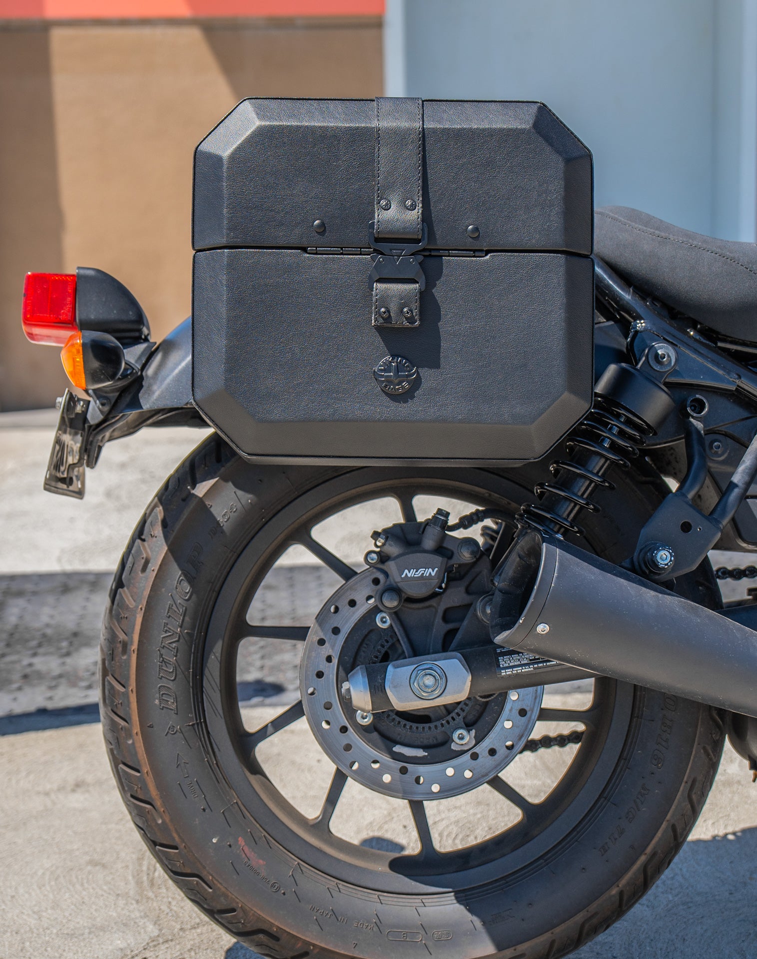 20L - Outlaw Quick-Mount Small Honda Rebel 300 Leather Wrapped Hard Saddlebags Life Style 2