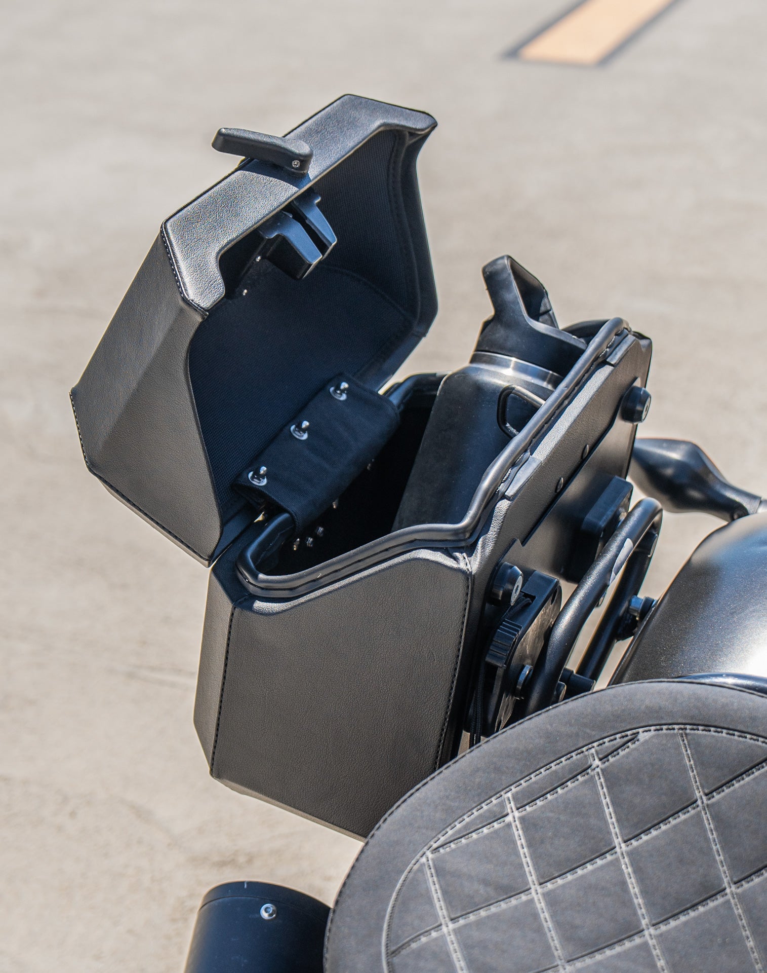 20L - Outlaw Quick-Mount Small Honda Rebel 300 Leather Wrapped Hard Saddlebags Life Style 4