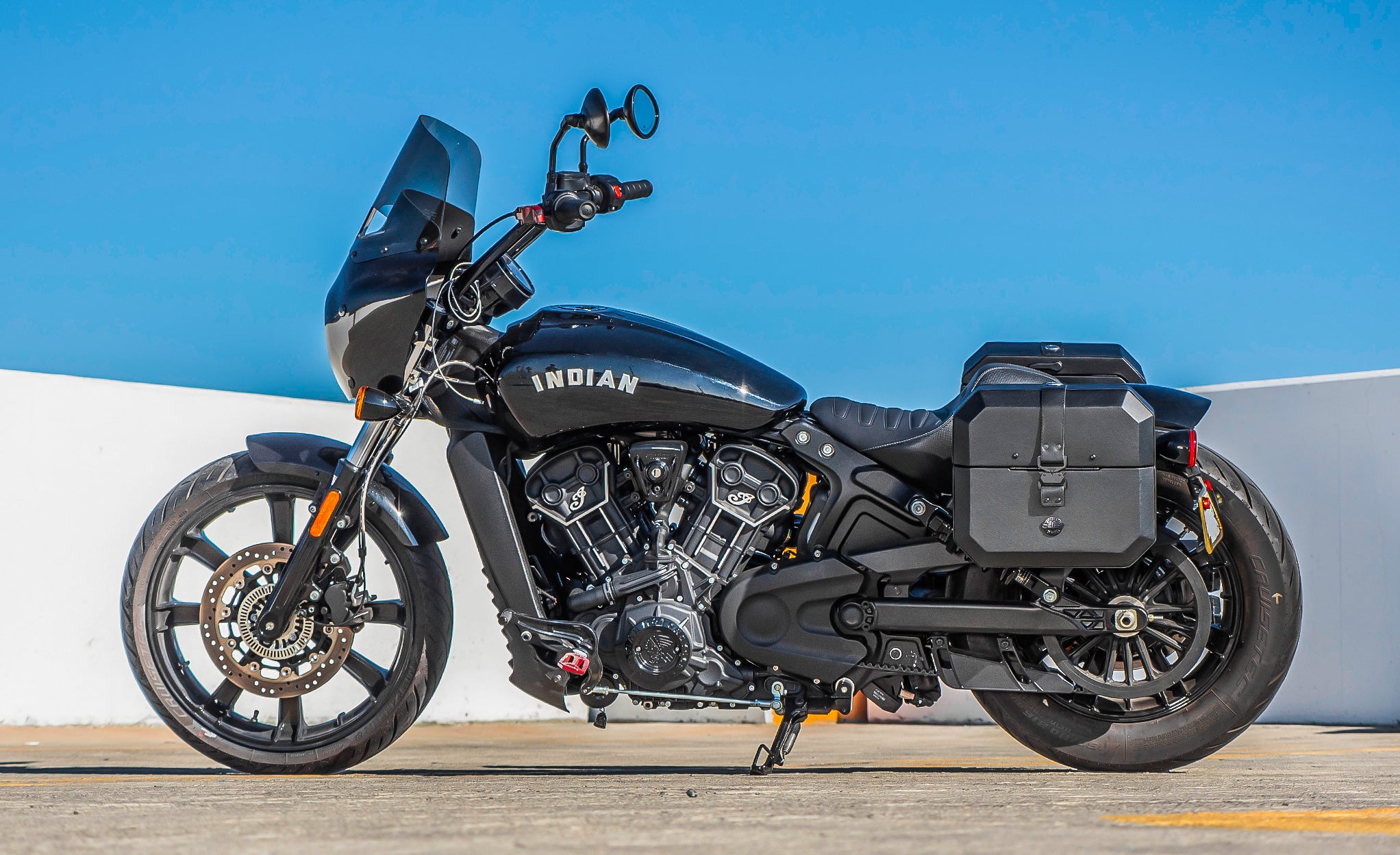 20L - Outlaw Quick-Mount Small Indian Scout Rogue Leather Wrapped Hard Saddlebags Life Style Photo @expand