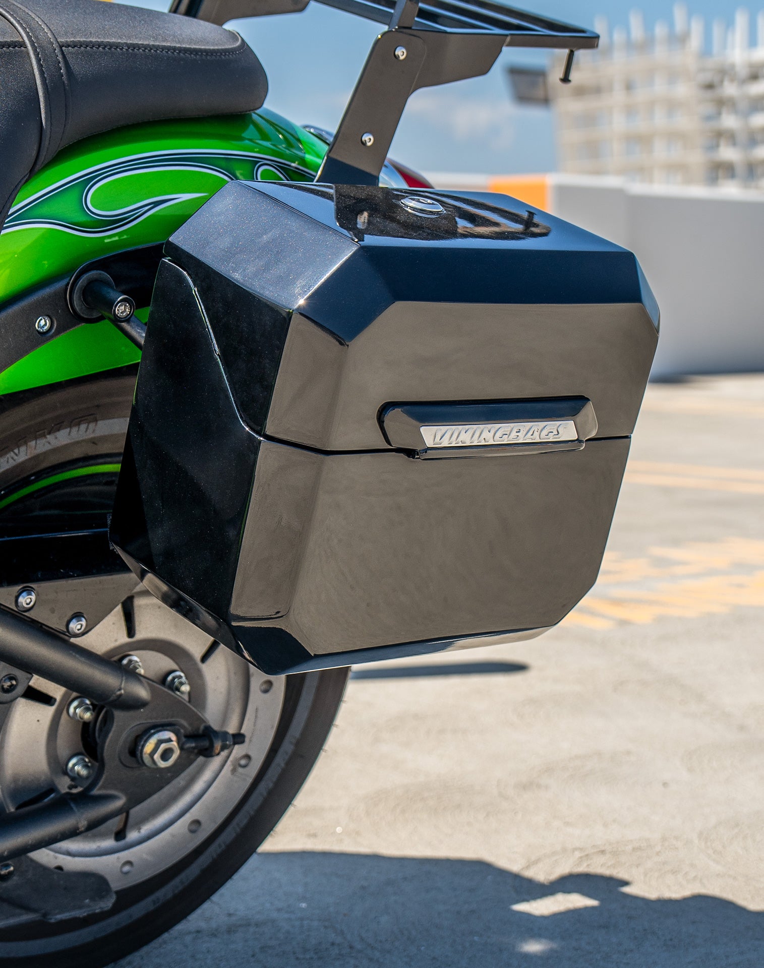 20L - Outlaw Quick-Mount Small Kawasaki Vulcan 900 Custom Painted Hard Saddlebags Life style 3