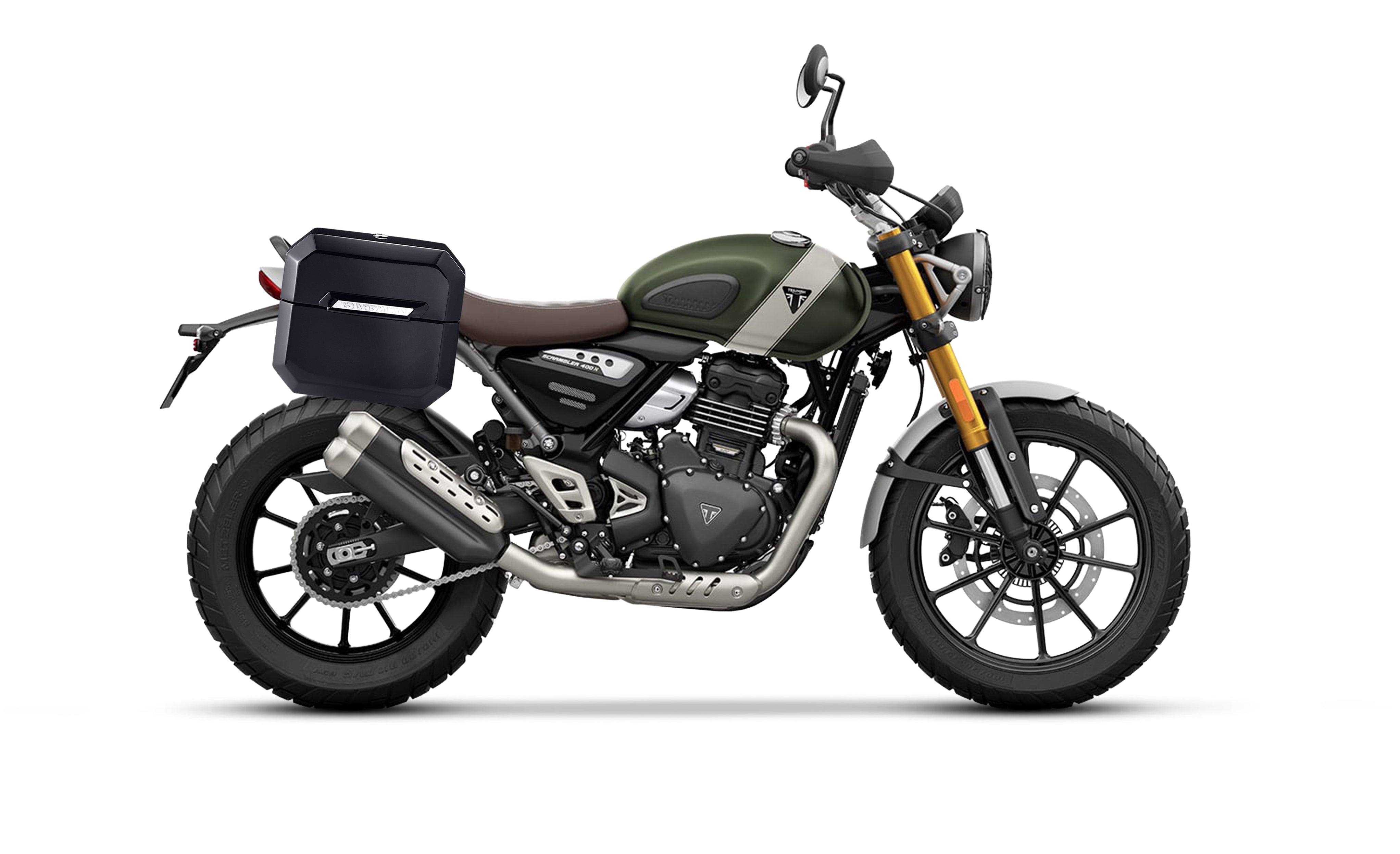 20L - Outlaw Quick-Mount Small Triumph Scrambler 400 X Painted Hard Saddlebags Bag on Bike @expand