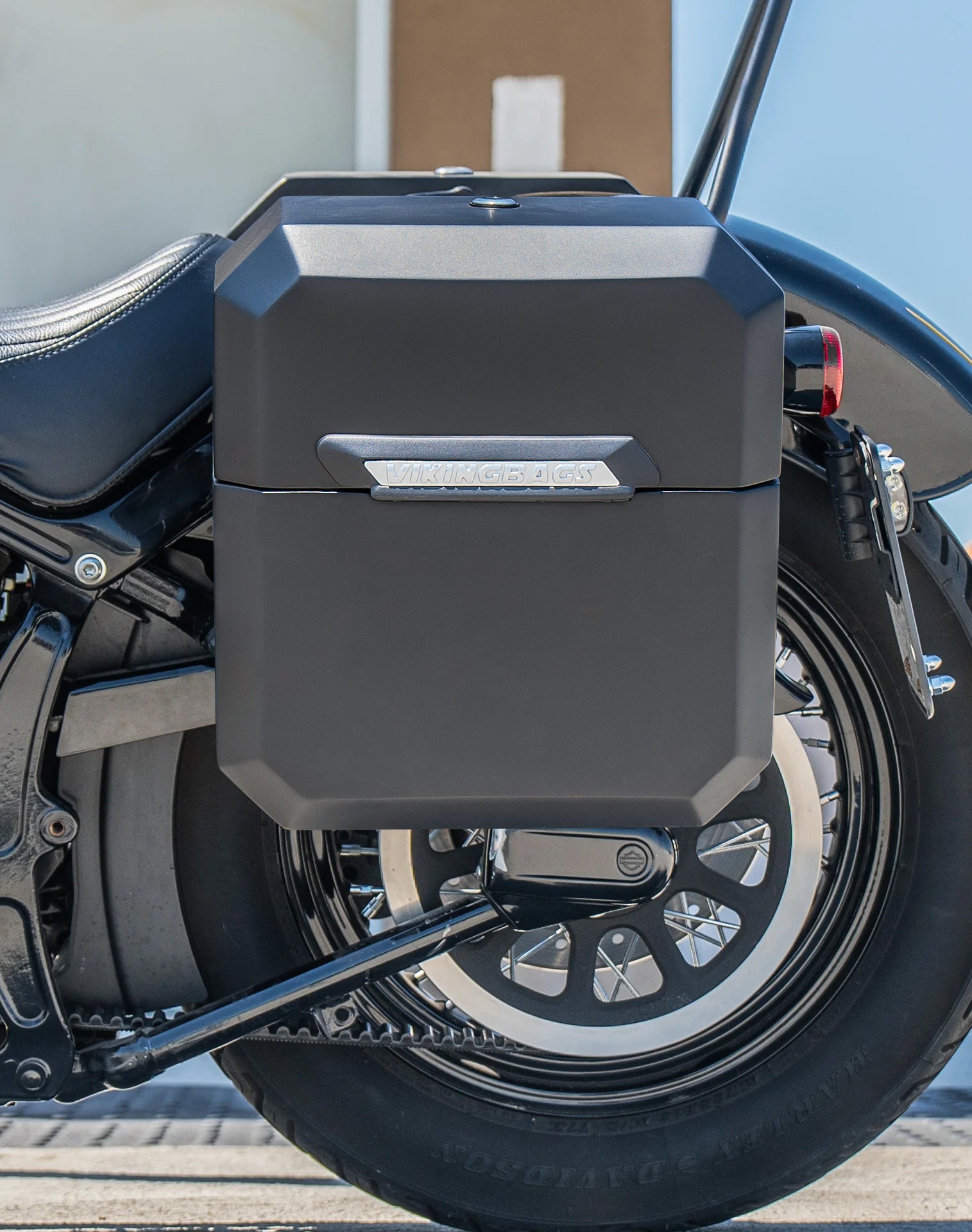 30L - Outlaw Quick-Mount Medium Harley Softail Slim FLS Matte Hard Saddlebags Lifestyle