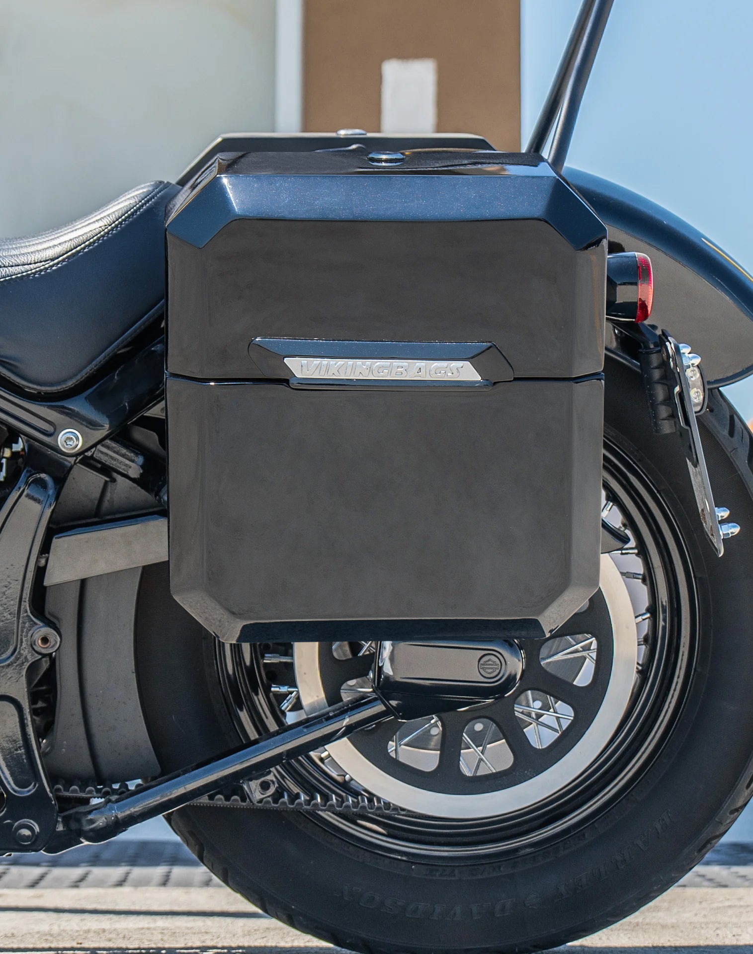 30L - Outlaw Quick Mount Medium Harley Softail Slim FLS Painted Hard Saddlebags Lifestyle