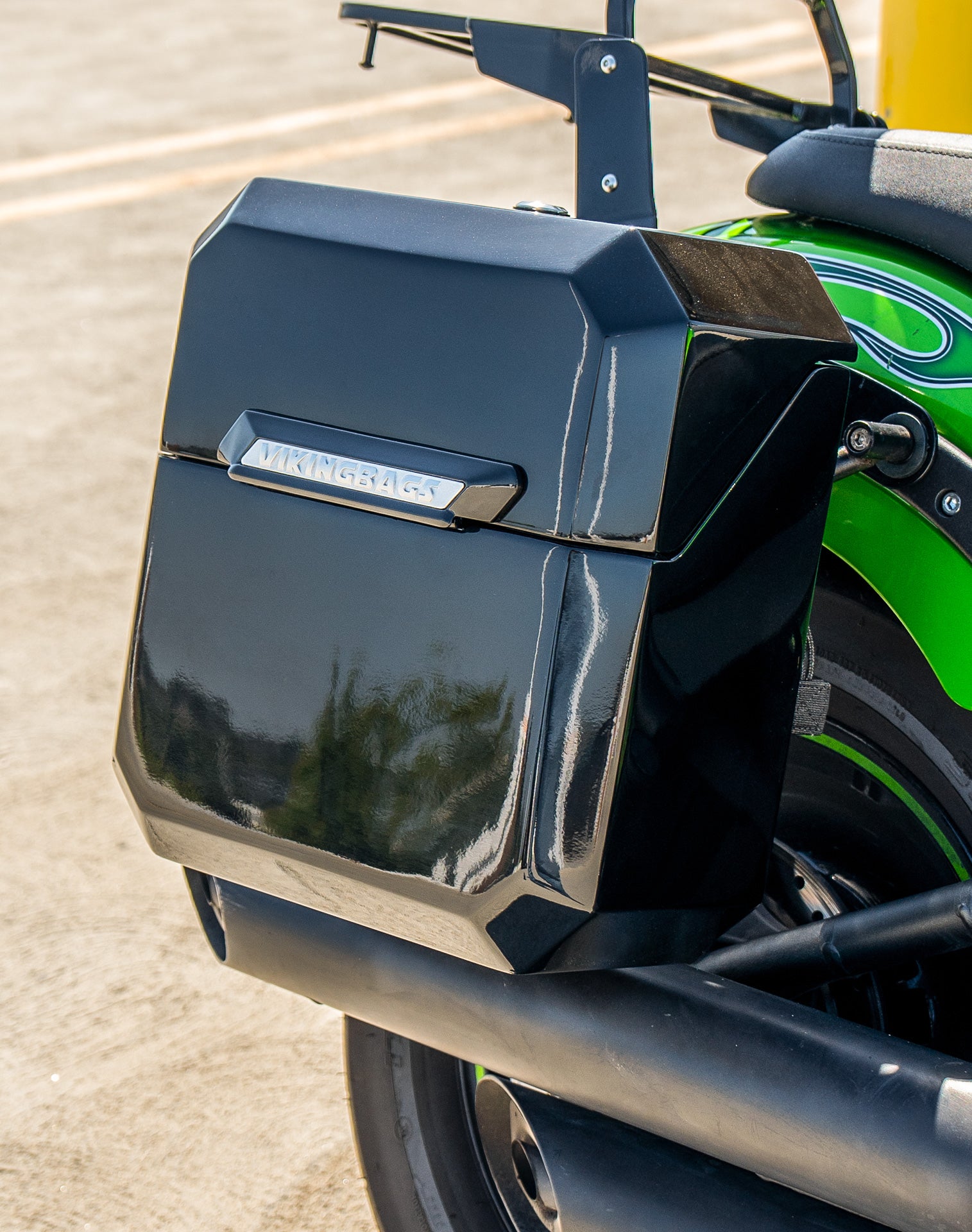 30L - Outlaw Quick Mount Medium Kawasaki Vulcan 900 Custom Painted Hard Saddlebags Life style 3