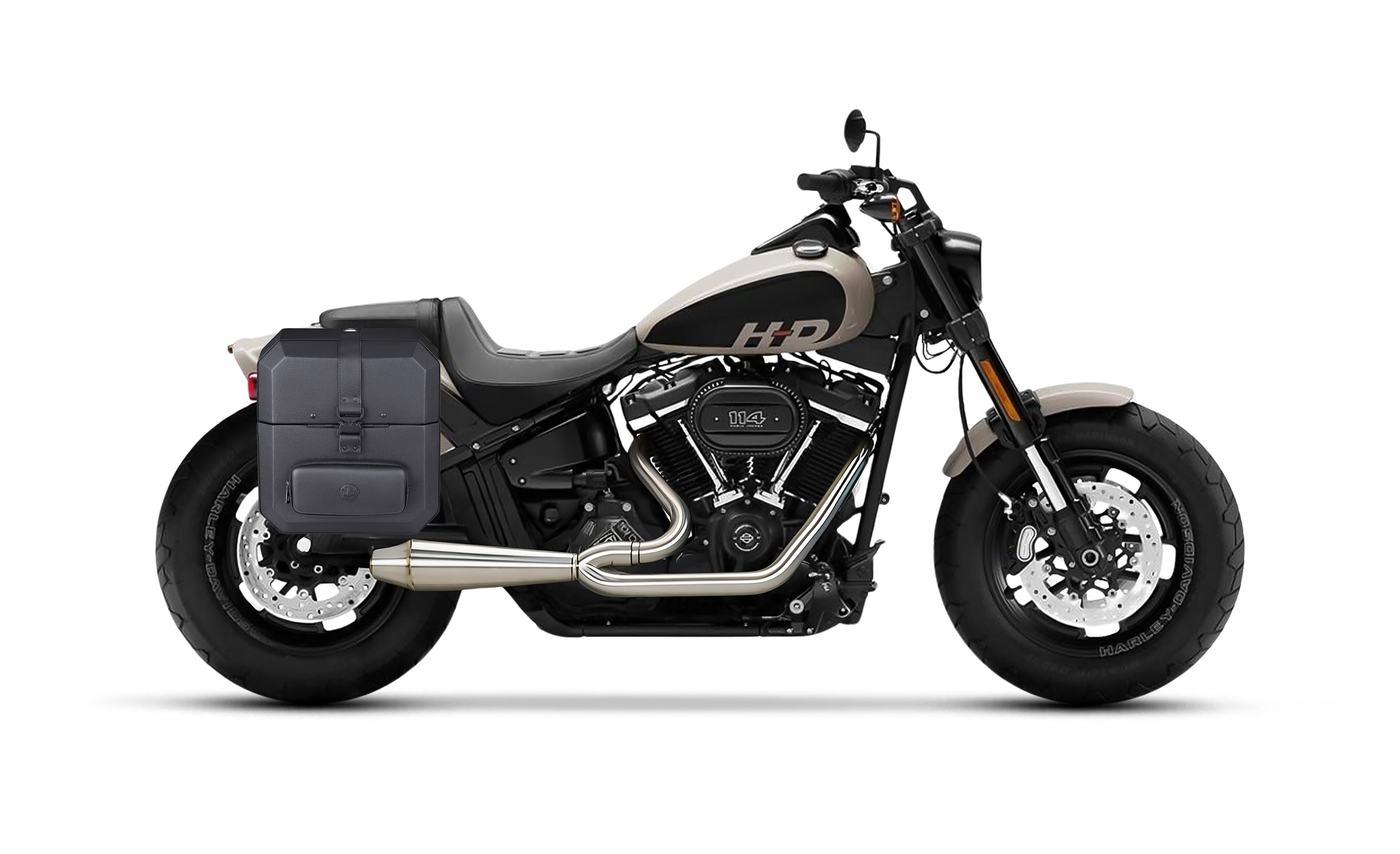 30L - Outlaw Quick-Mount Medium Harley Softail Fat Bob FXFB/S Leather Wrapped Hard Saddlebags Bag on Bike @expand