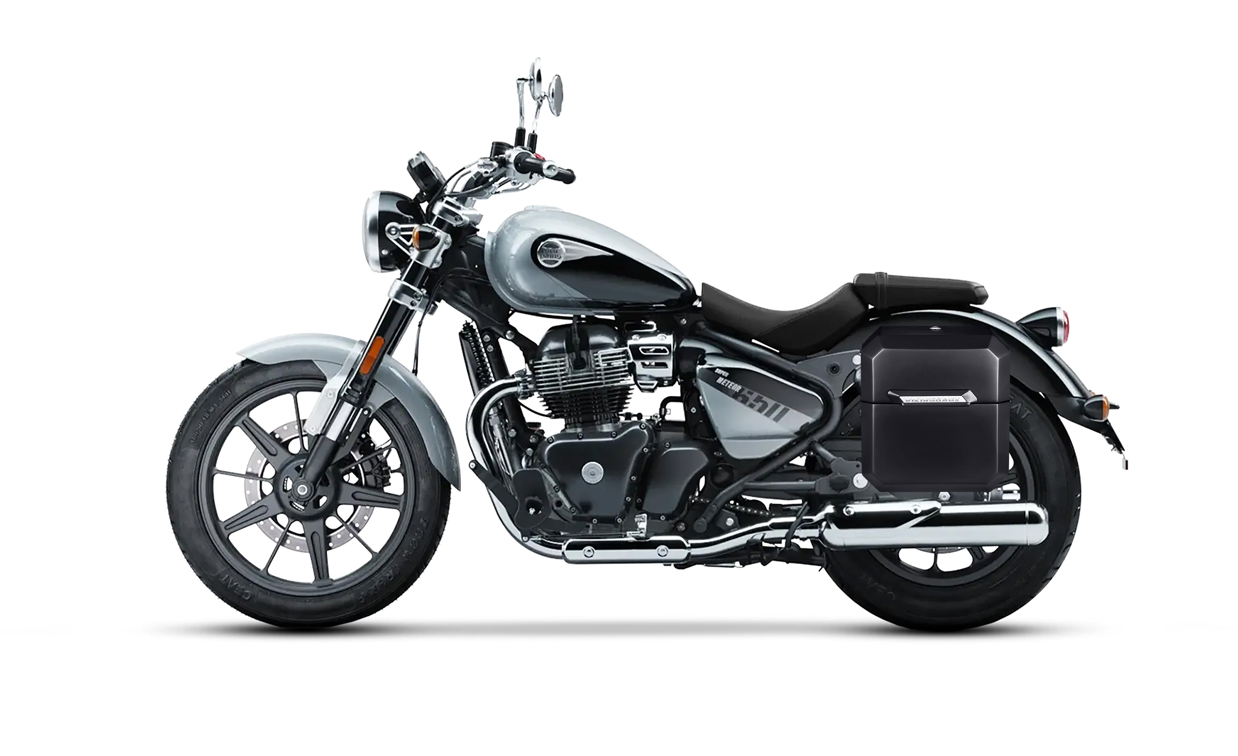 30L - Outlaw Quick Mount Medium Royal Enfield Super Meteor 650 Painted Hard Saddlebags Bag on Bike @expand