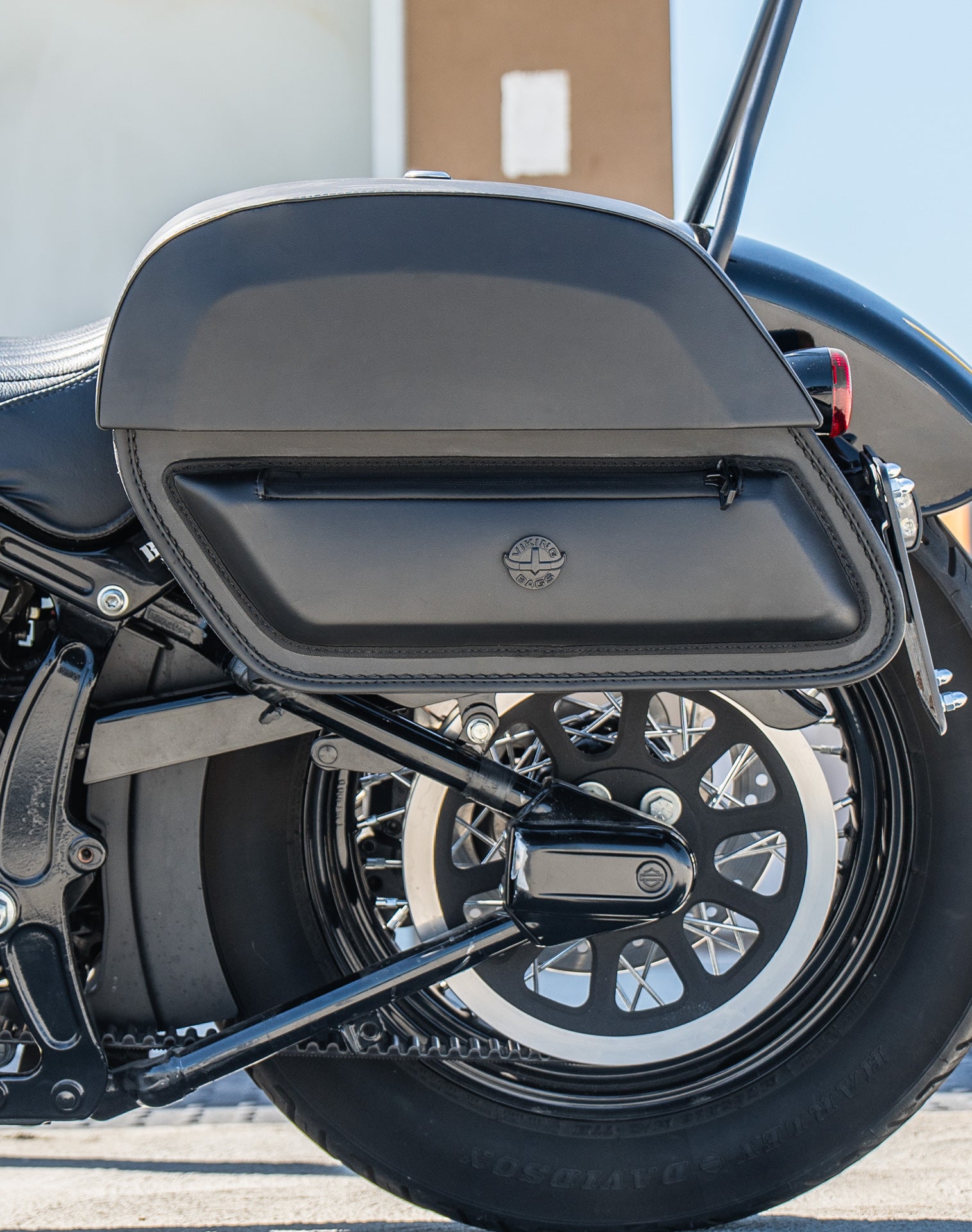 28L - Pantheon Quick-Mount Medium Harley Softail Slim FLS Motorcycle Saddlebags Life Style 2