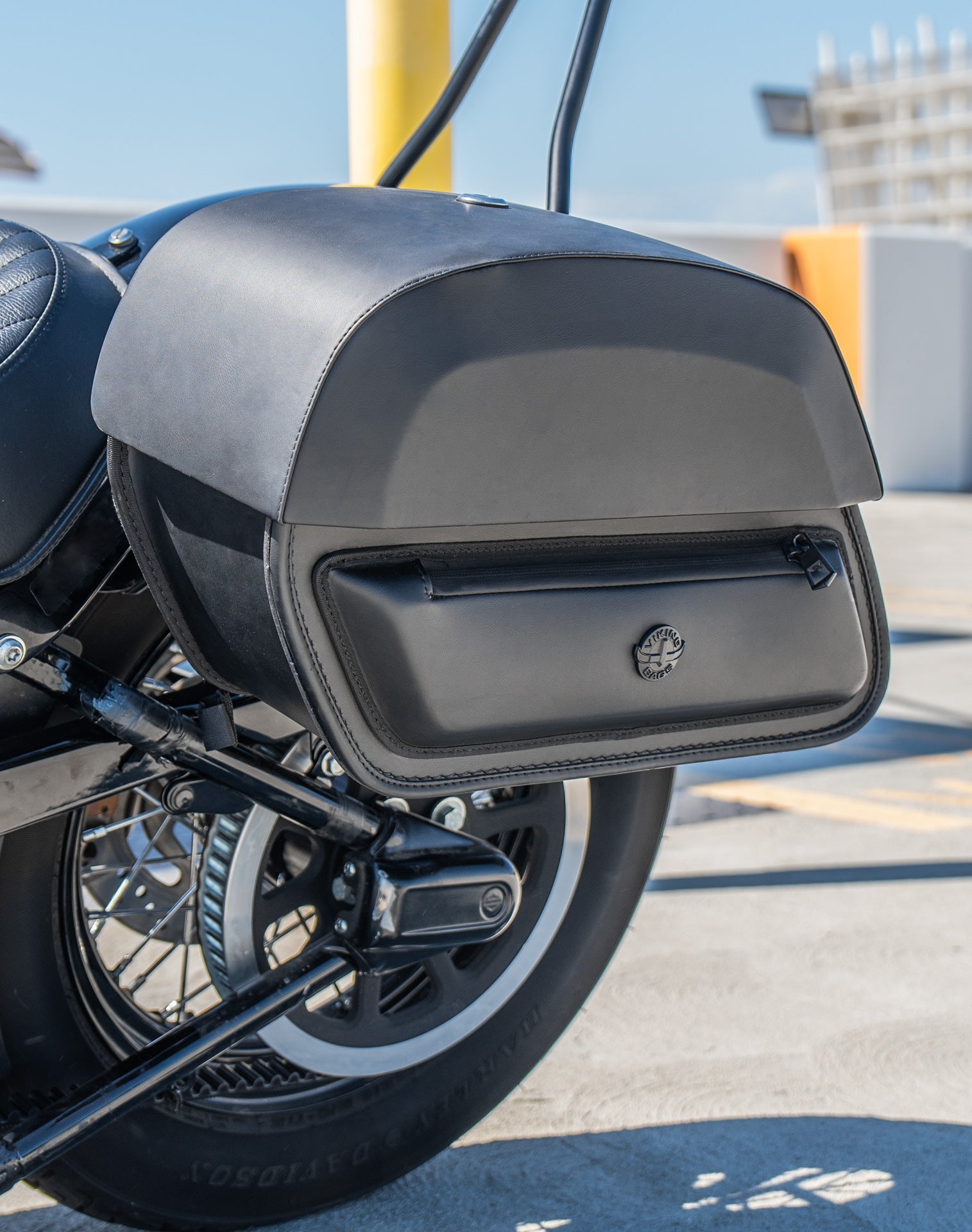 28L - Pantheon Quick-Mount Medium Harley Softail Slim FLS Motorcycle Saddlebags Life Style 3