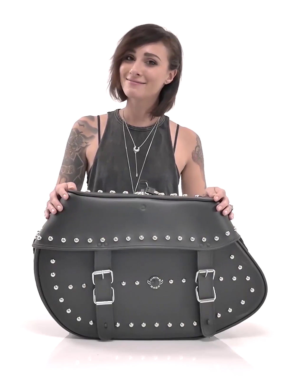 35L - Legacy Extra Large Studded Leather Motorcycle Saddlebags for Harley Softail Heritage FLSTC/I video