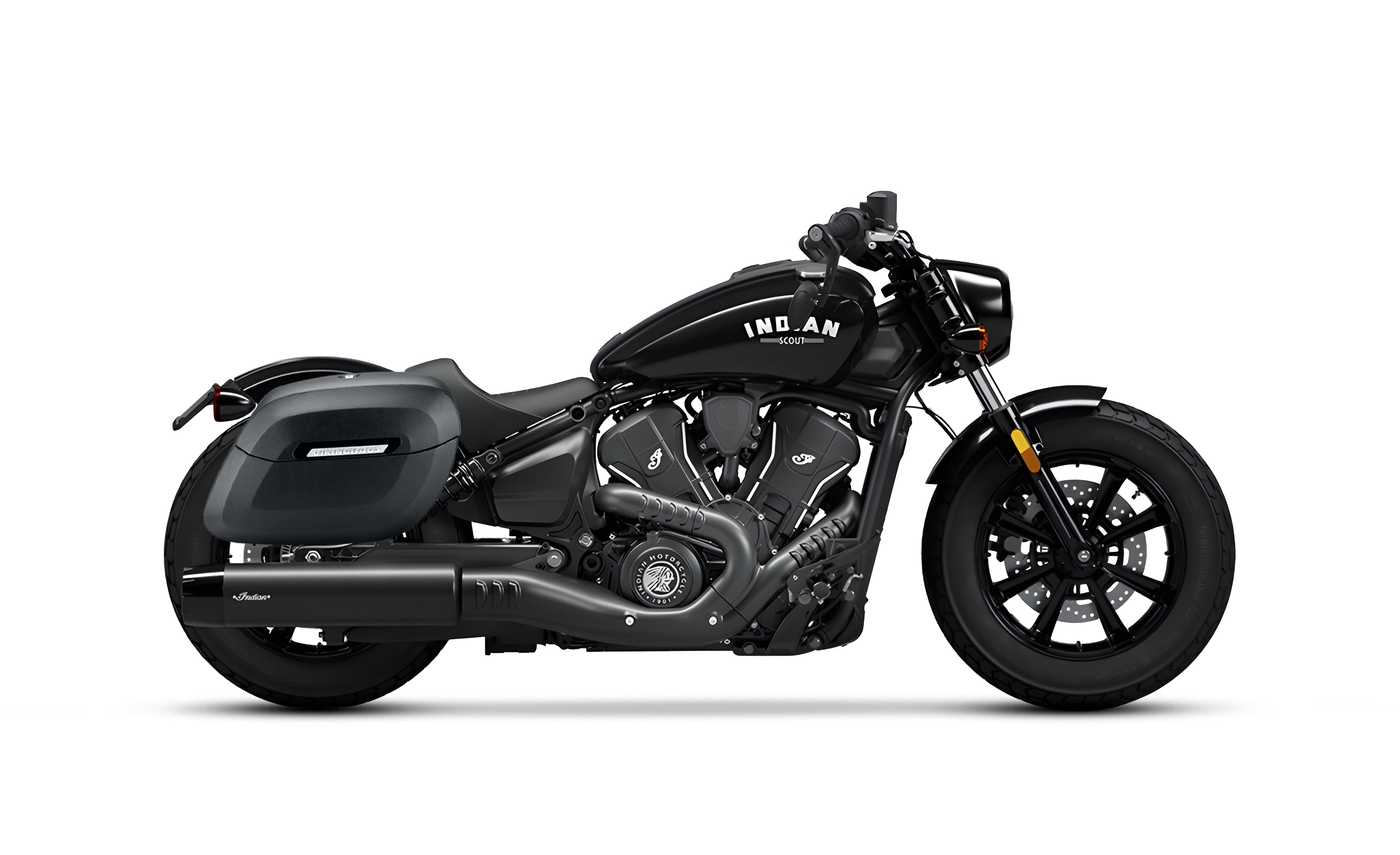 36L - Lamellar Raven XL Shock-Cutout Indian Scout Bobber Leather Wrap Hard Saddlebags Bag on Bike @expand