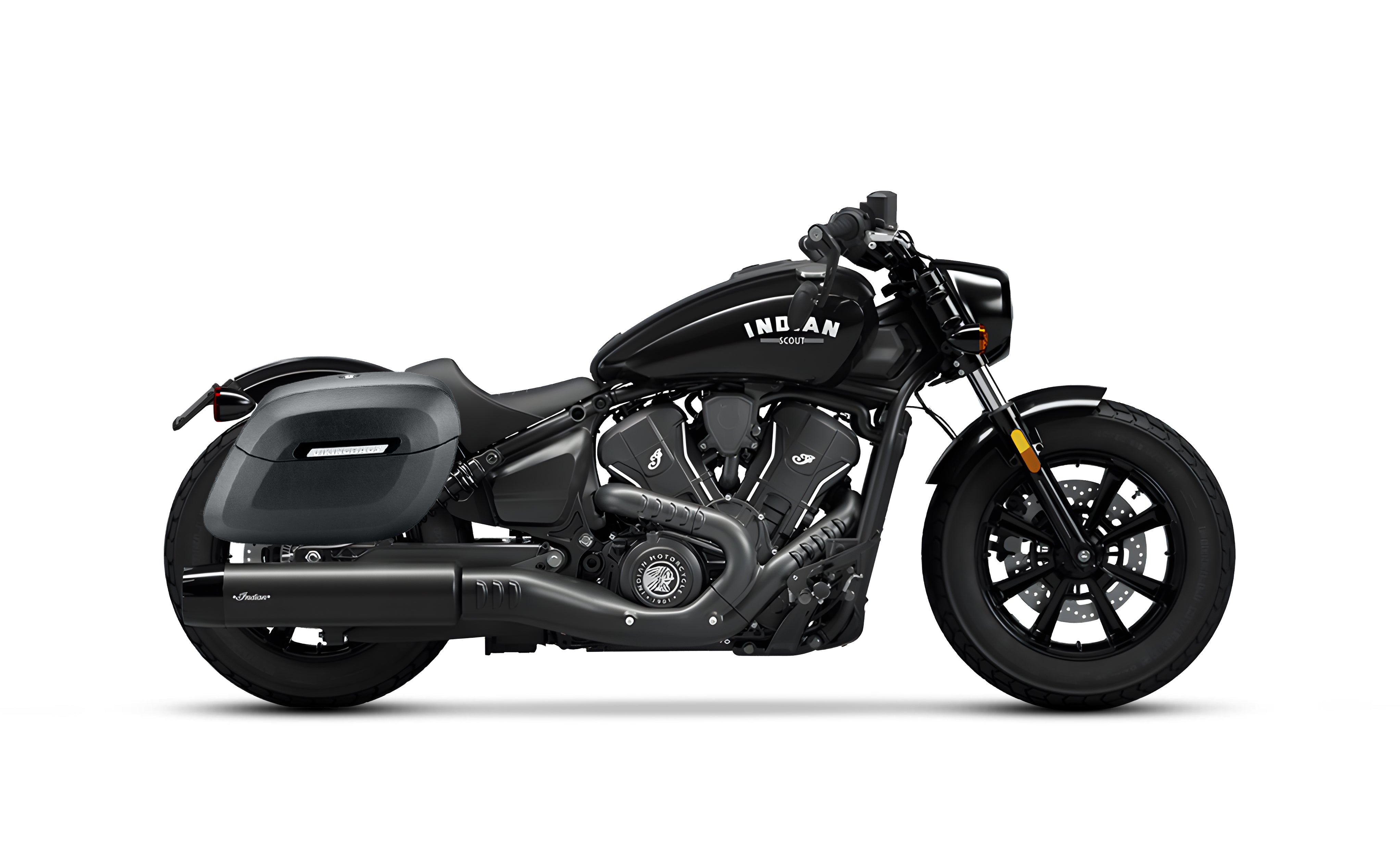 36L - Lamellar Raven XL Shock-Cutout Indian Scout Bobber Matte Hard Saddlebags Bag on Bike @expand