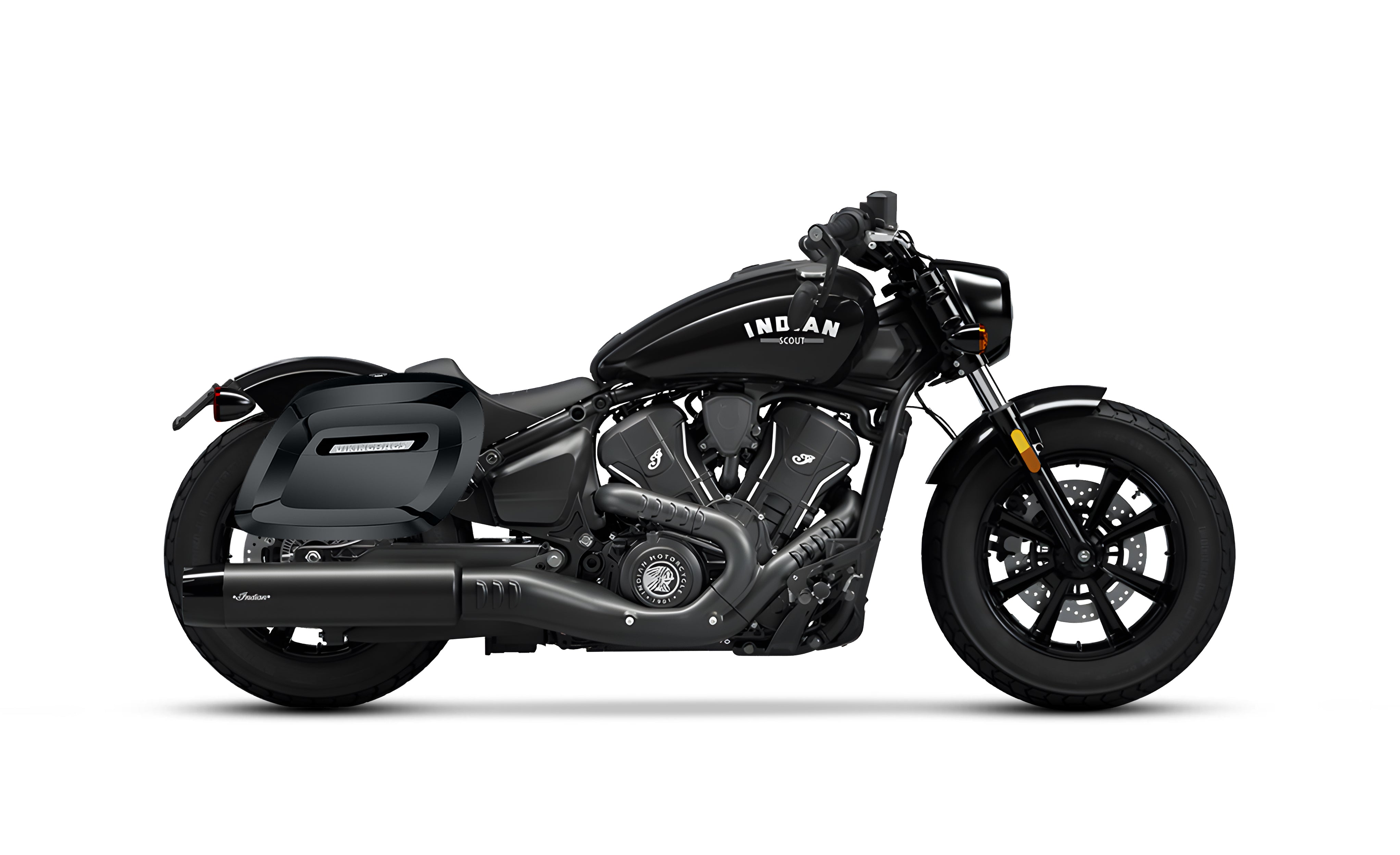 36L - Lamellar Raven XL Shock-Cutout Indian Scout Bobber Painted Hard Saddlebags Bag on Bike @expand