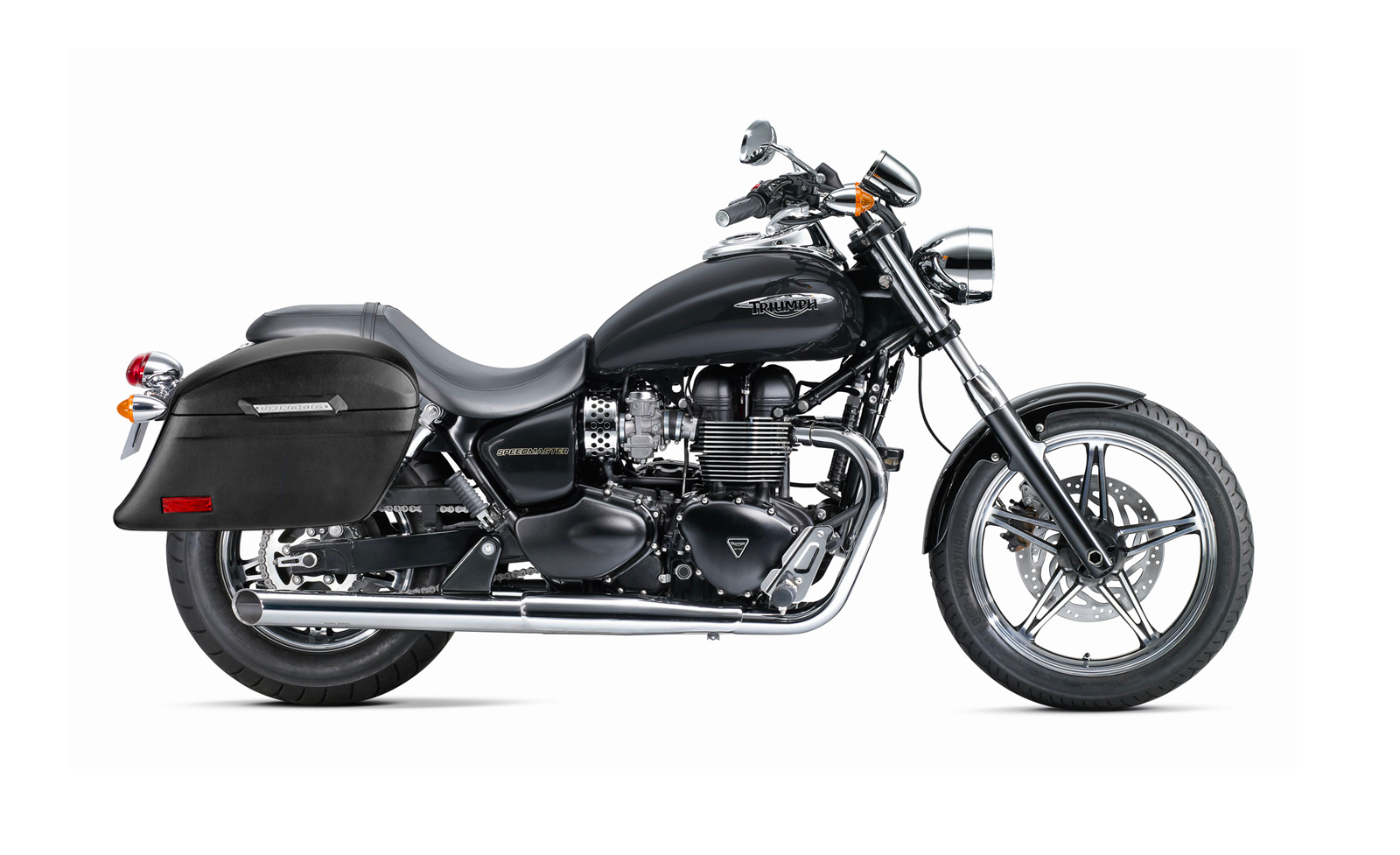 44L - Lamellar Stallion Extra Large Triumph Speedmaster (2003-17) Leather Covered Hard Saddlebags Bag on Bike @expand