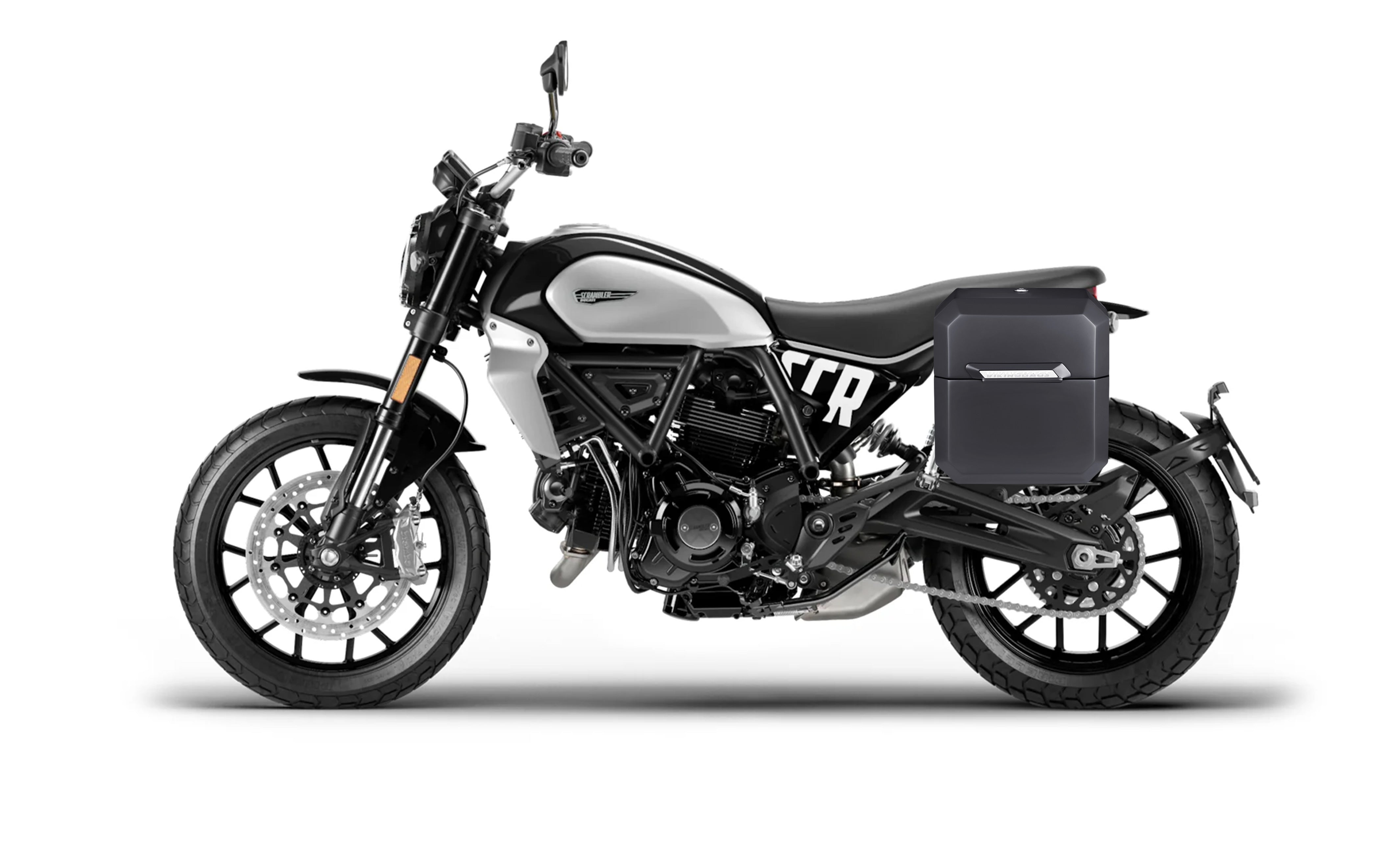 15L - Outlaw Quick Mount Ducati Scrambler (2018-2022) Matte Hard Solo Saddlebag (Left Only) Bag on Bike @expand