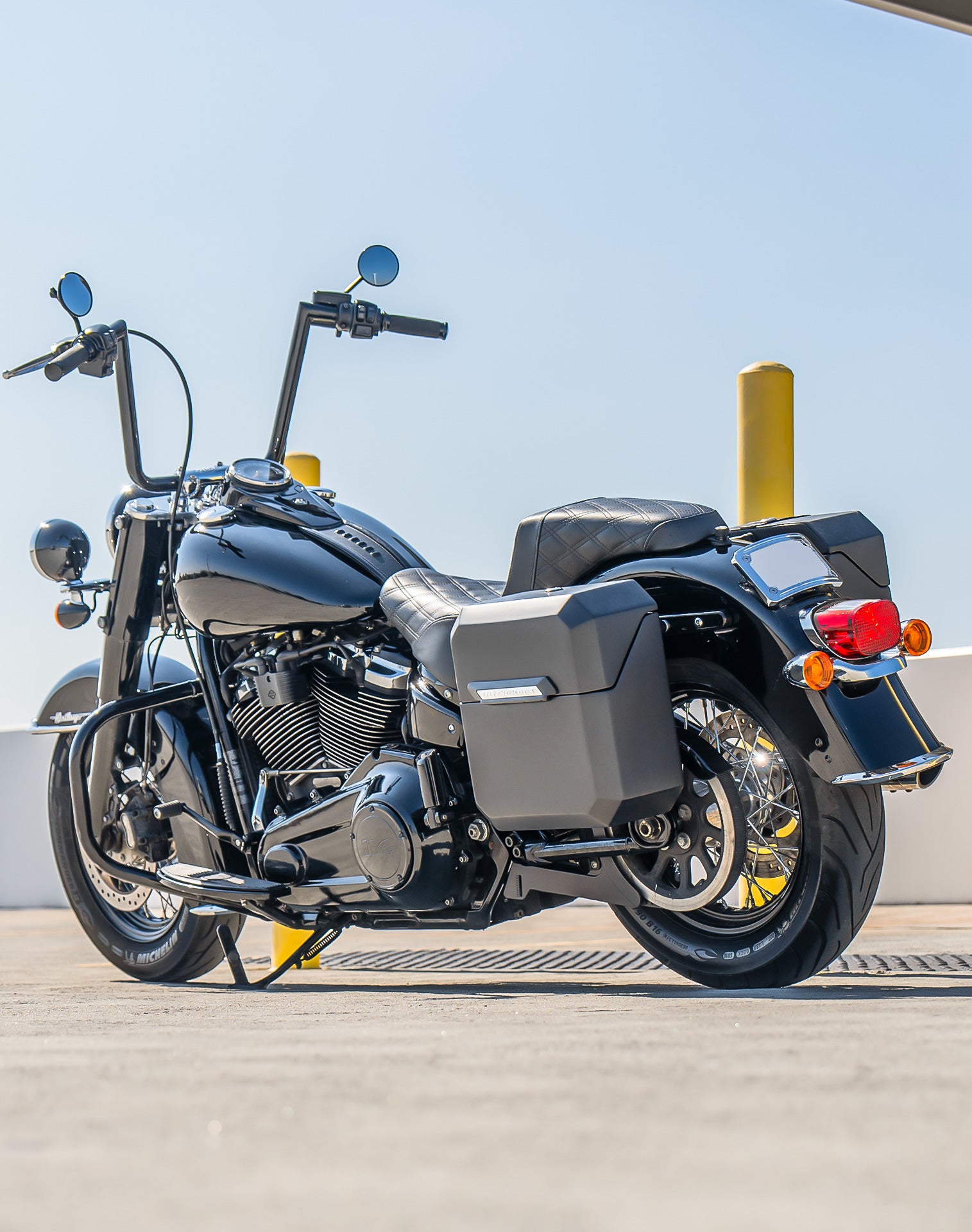 15L - Outlaw Quick Mount Medium Harley Softail Heritage FLHC/S Matte Hard Solo Saddlebag (Left Only) Lifestyle