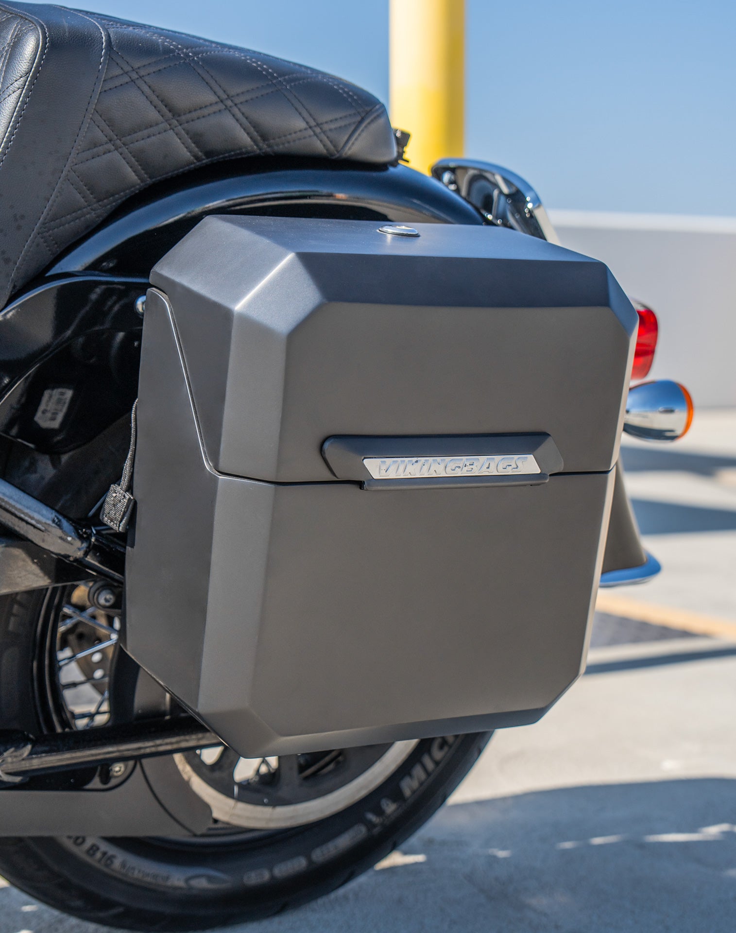 15L - Outlaw Quick Mount Medium Harley Softail Heritage FLHC/S Matte Hard Solo Saddlebag (Left Only) Lifestyle