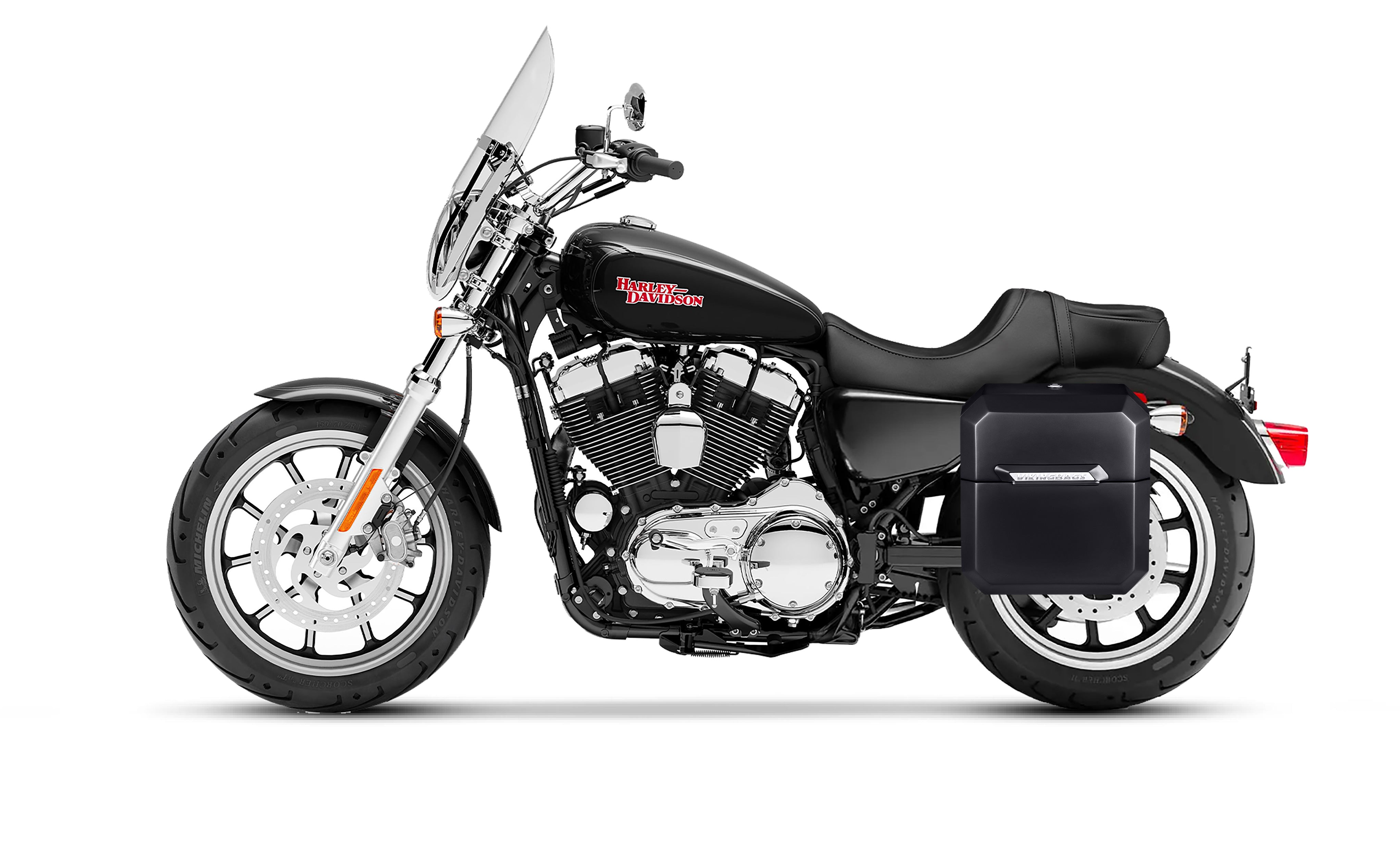 15L - Outlaw Quick Mount Medium Harley Sportster Super Low 1200T Painted Hard Solo Saddlebag (Left Only) Bag on Bike @expand