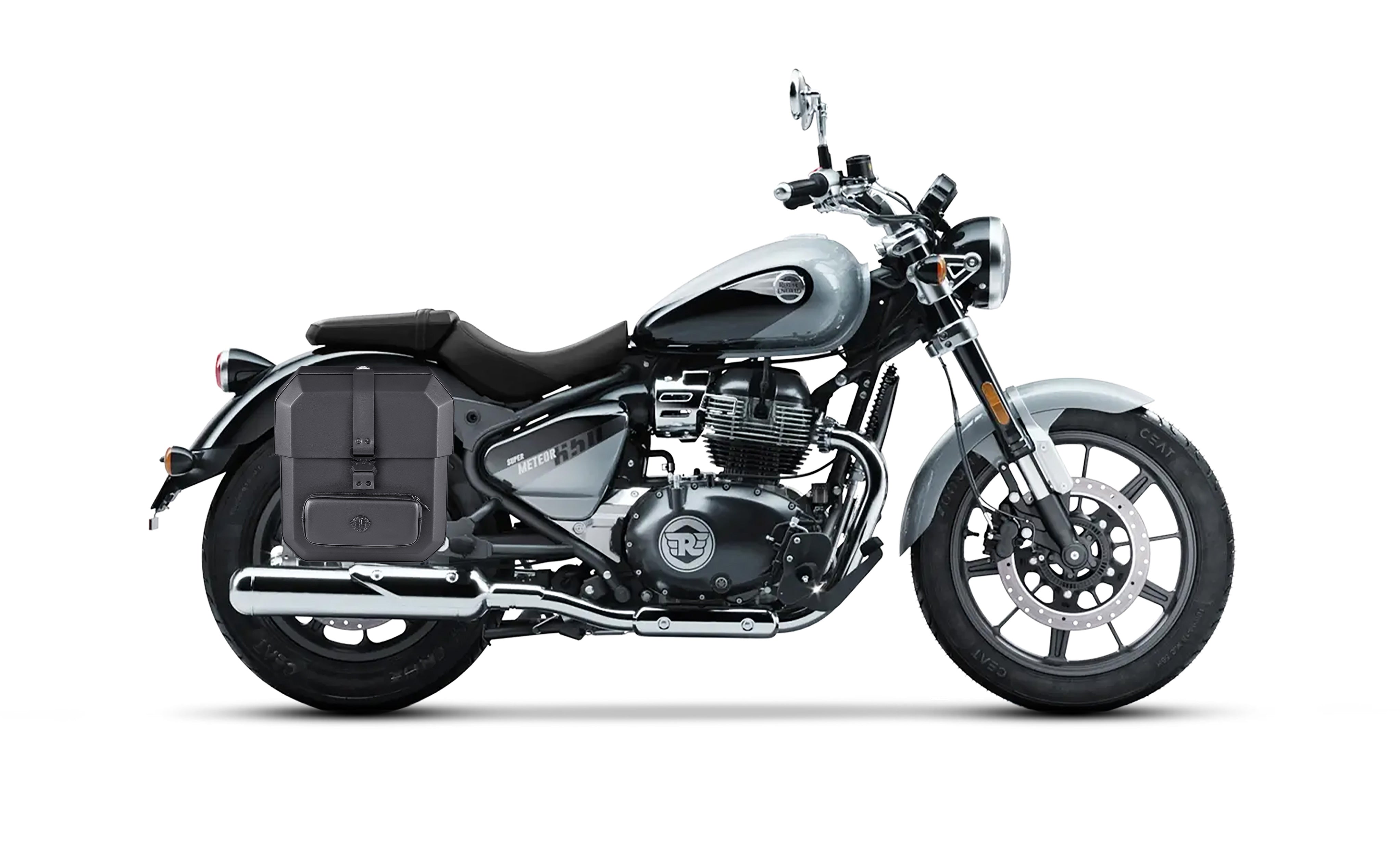 15L - Outlaw Quick Mount Medium Royal Enfield Super Meteor 650 Hard Solo Saddlebag (Right Only) Bag on Bike @expand