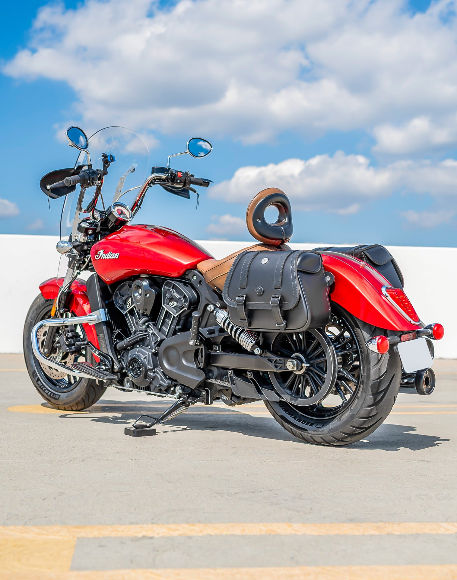 25L - SpiritBlade Large Indian Scout Classic 2025+ Leather Motorcycle Saddlebags Lifestyle