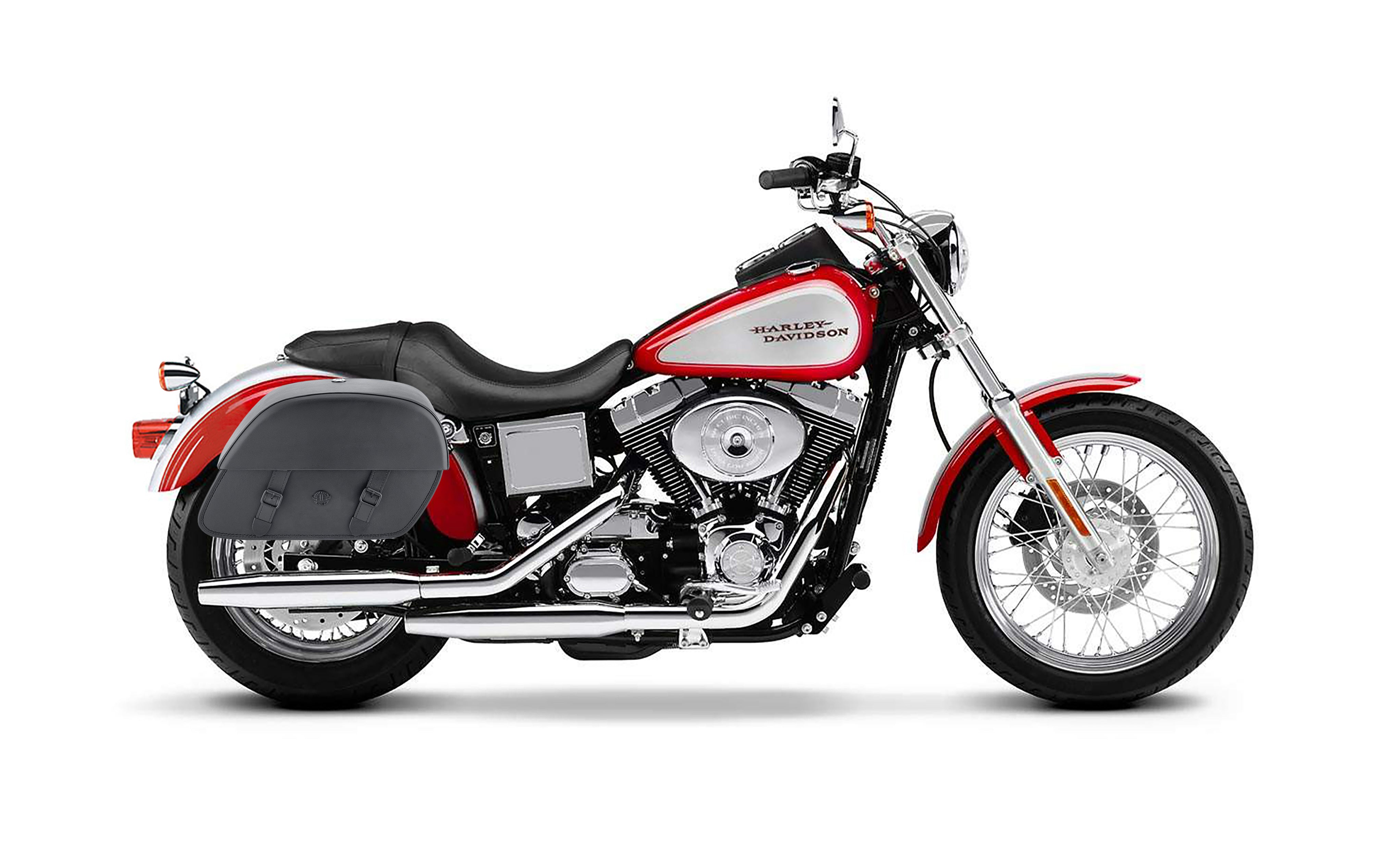 26L - Baelor Large Shock-Cutout Leather Saddlebags for Harley Dyna Low Rider FXDL/I Bag on Bike @expand