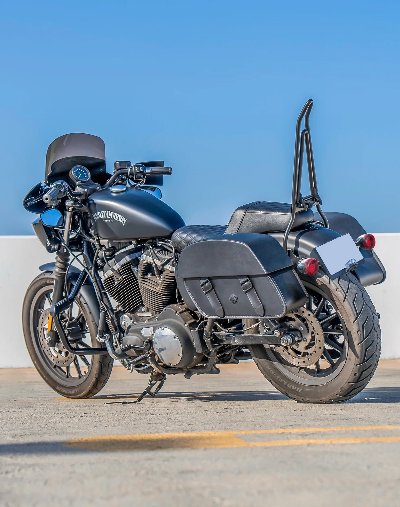 32L - Baelor Large Hard Mount Shock Cutout Saddlebags for Harley Sportster 883 Iron XL883N Lifestyle