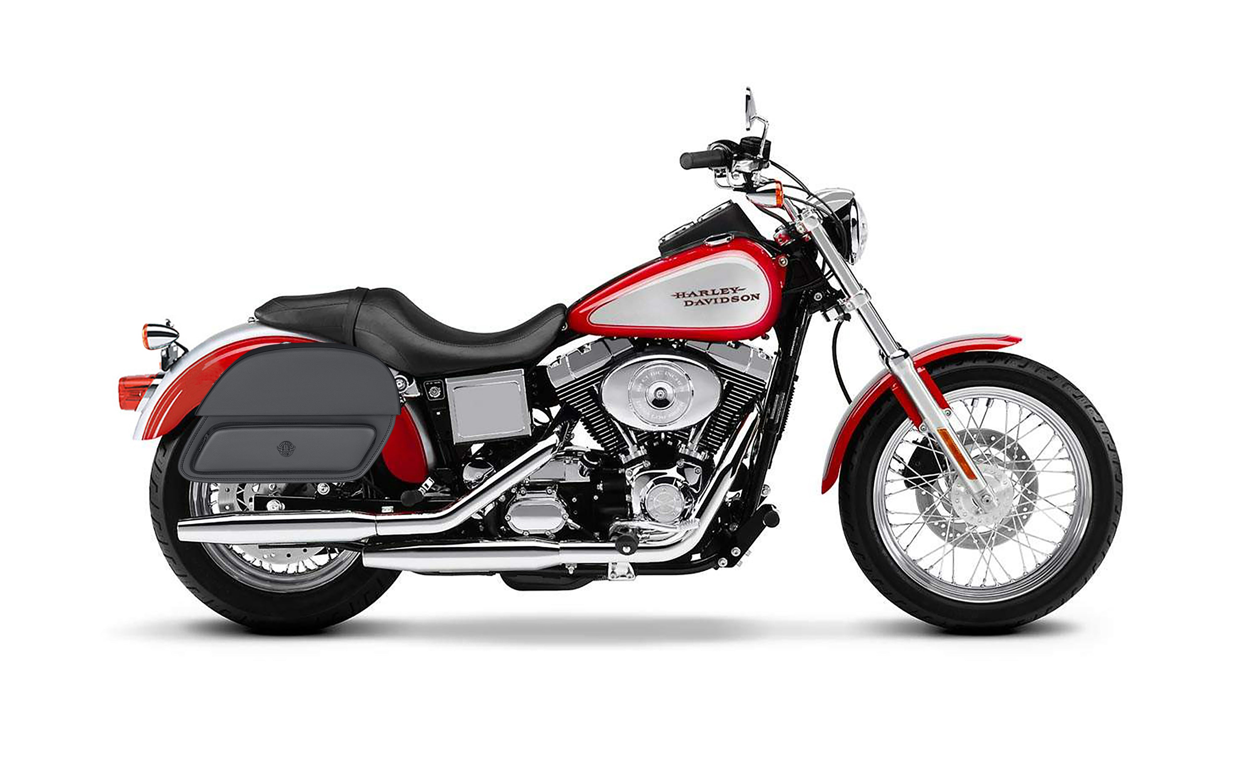 26L - Pantheon Large Shock Cutout Leather Saddlebags for Harley Dyna Low Rider FXDL/I Bag on Bike @expand