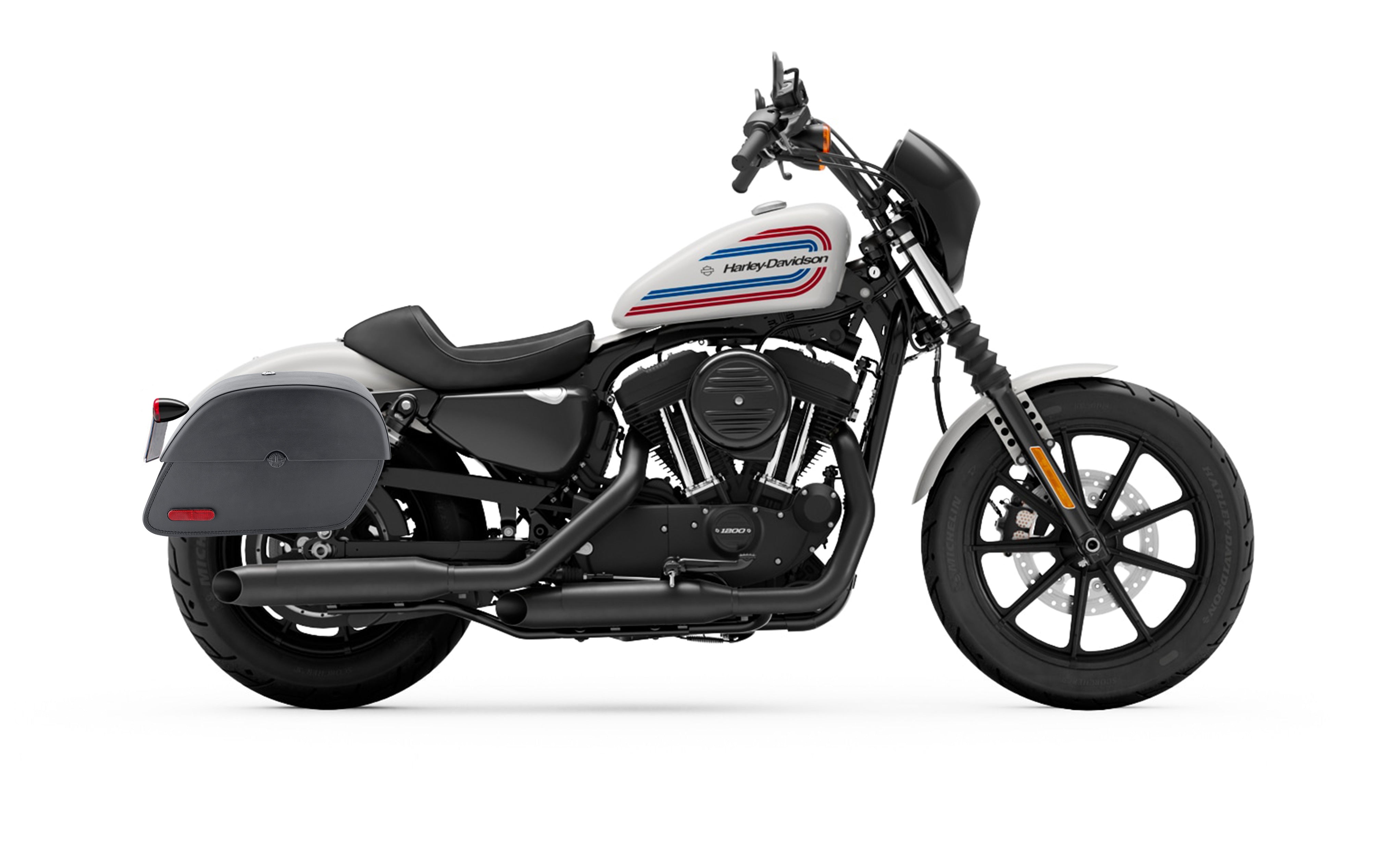 26L - Panzer Large Shock Cutout Leather Saddlebags for Harley Sportster 1200 Iron XL1200NS Bag on Bike @expand