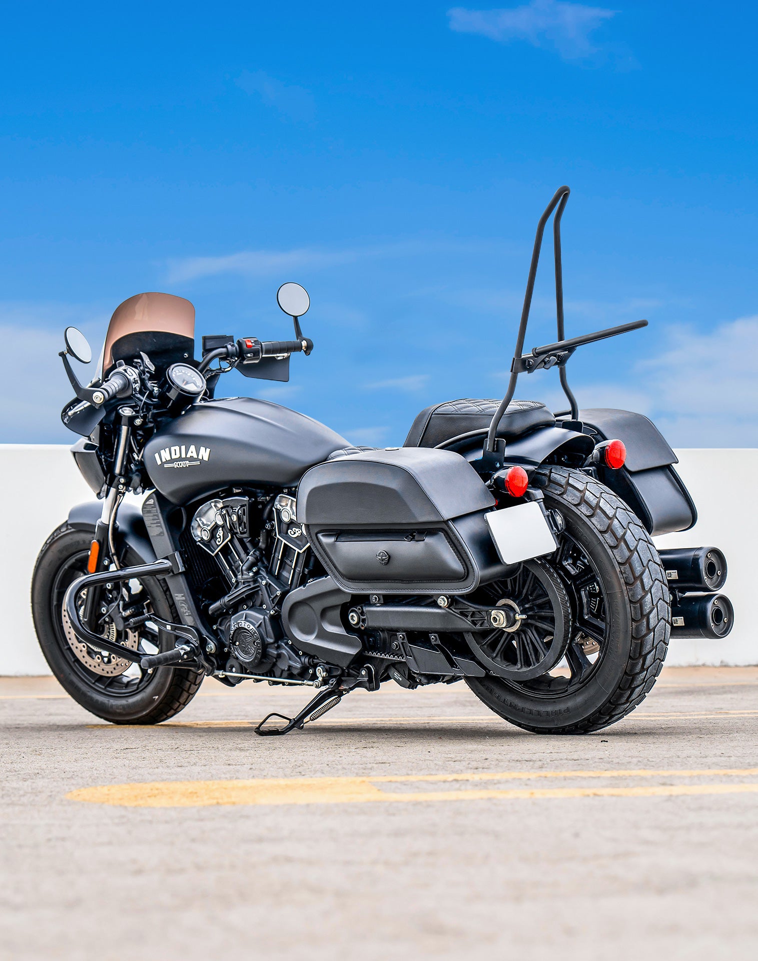 28L - Pantheon Medium Quick Mount Indian Scout Bobber Motorcycle Saddlebags Lifestyle
