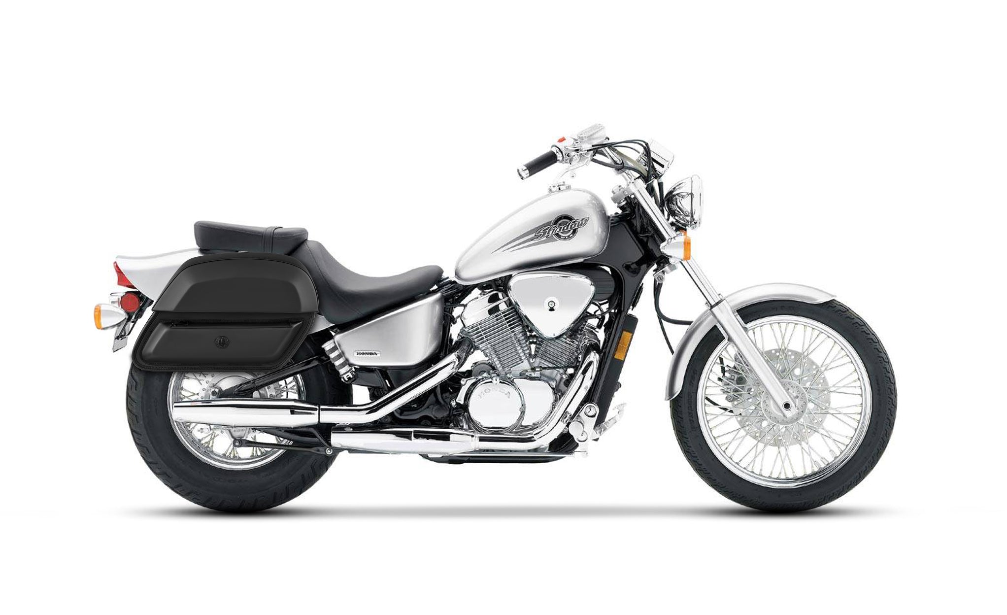 28L - Pantheon Medium Shadow 600 VLX Leather Motorcycle Saddlebags Bag on Bike @expand