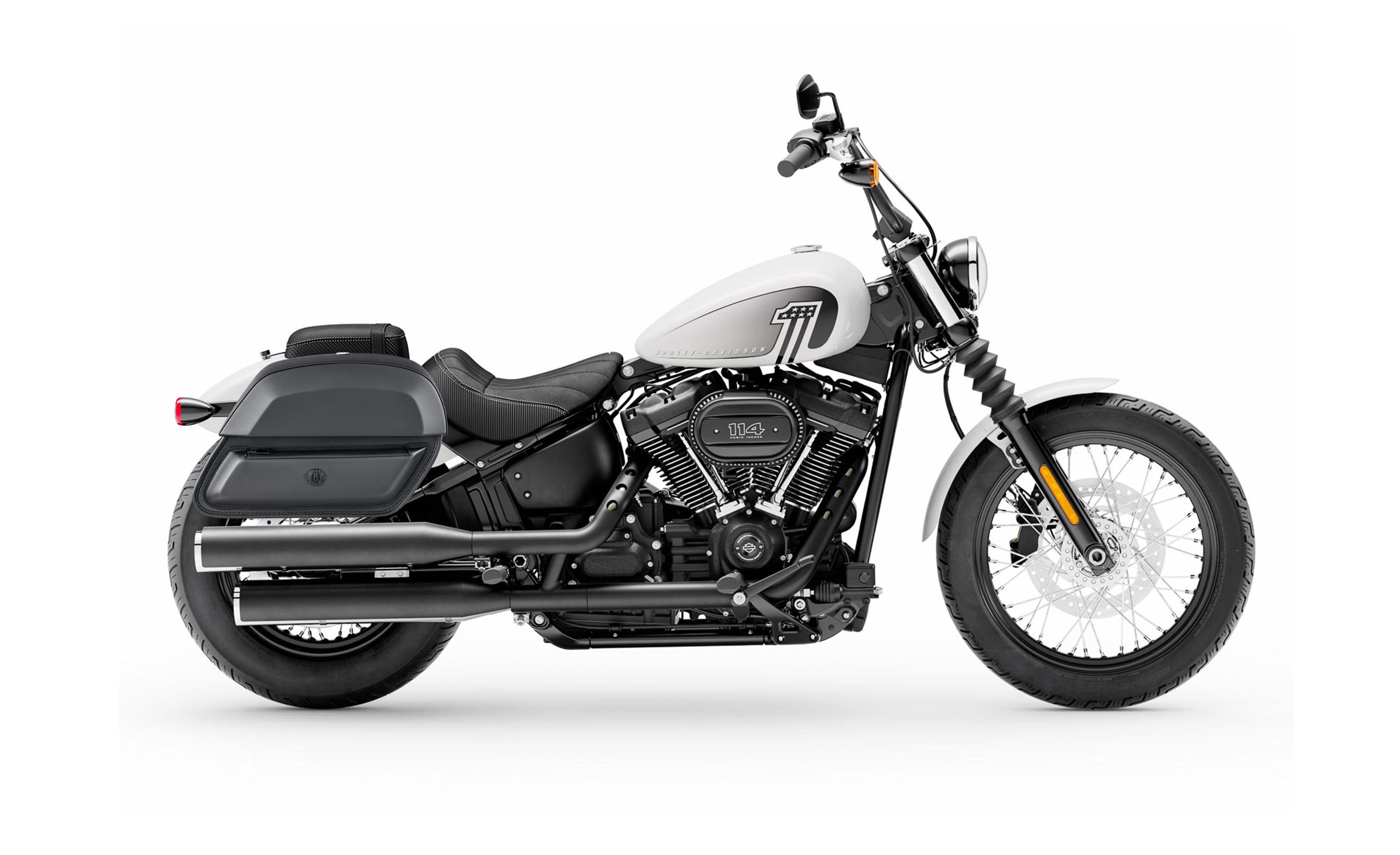 28L - Pantheon Medium Leather Saddlebags for Harley Softail Street Bob FXBB Bag on Bike @expand